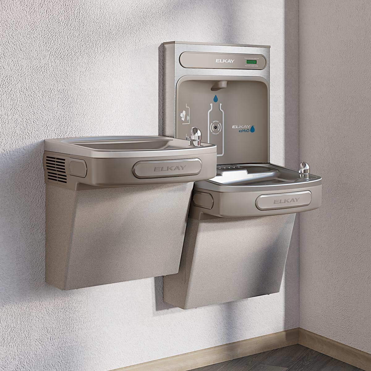 Elkay ezH2O Bottle Filling Station & Versatile Bi-Level ADA Vandal-Resistant Cooler, Non-Filtered Non-Refrigerated Light Gray EZSTLDDWSVRLK
