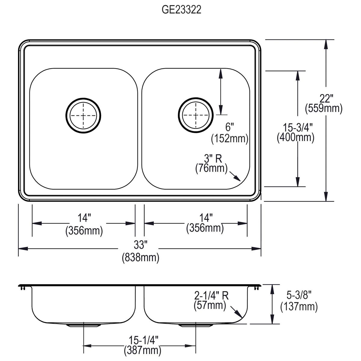 Elkay Dayton Stainless Steel 33" x 22" x 5-3/8", 1-Hole Equal Double Bowl Drop-in Sink GE233221