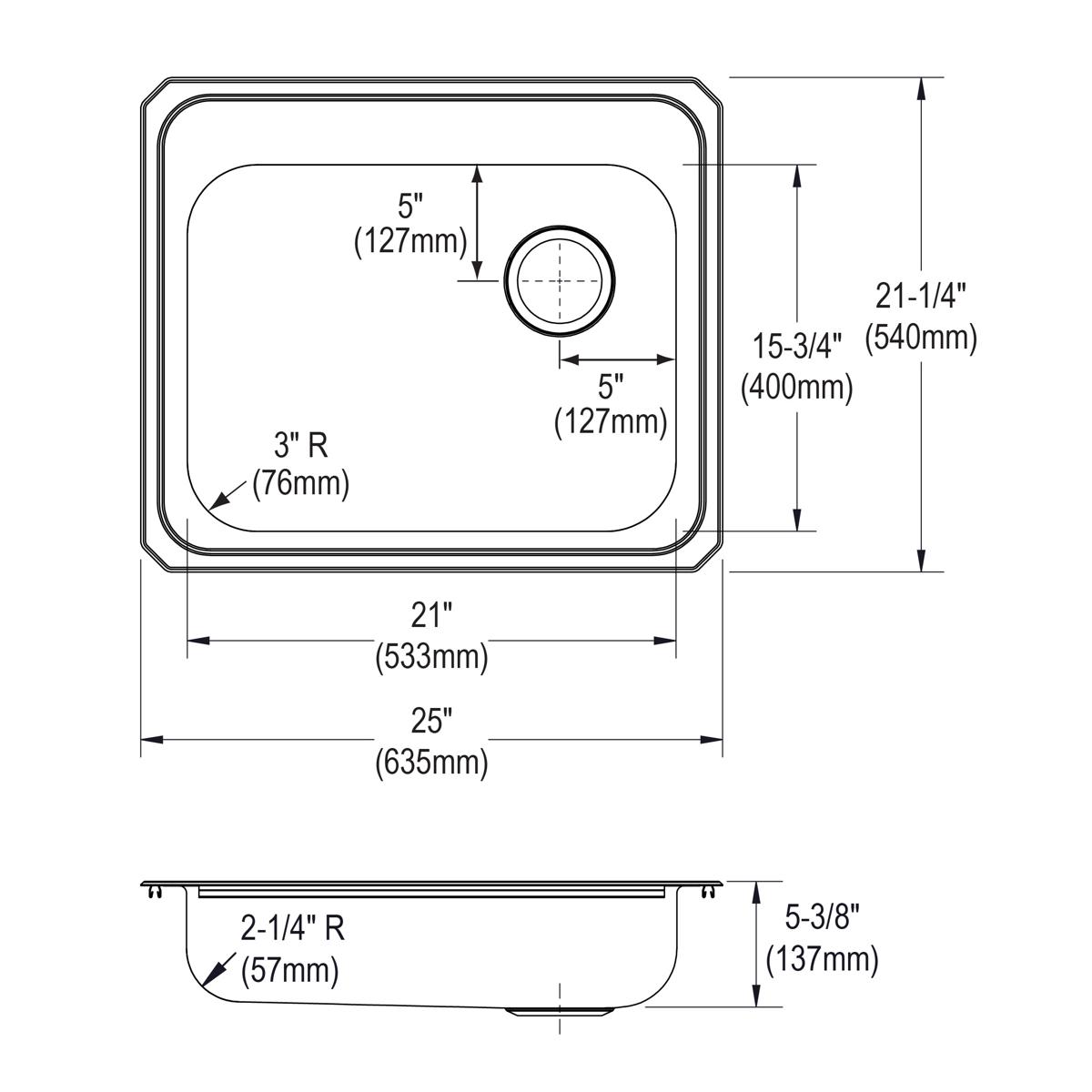 Elkay Celebrity Stainless Steel 25" x 21-1/4" x 5-3/8", 2-Hole Single Bowl Drop-in Sink with Right Drain GECR2521R2