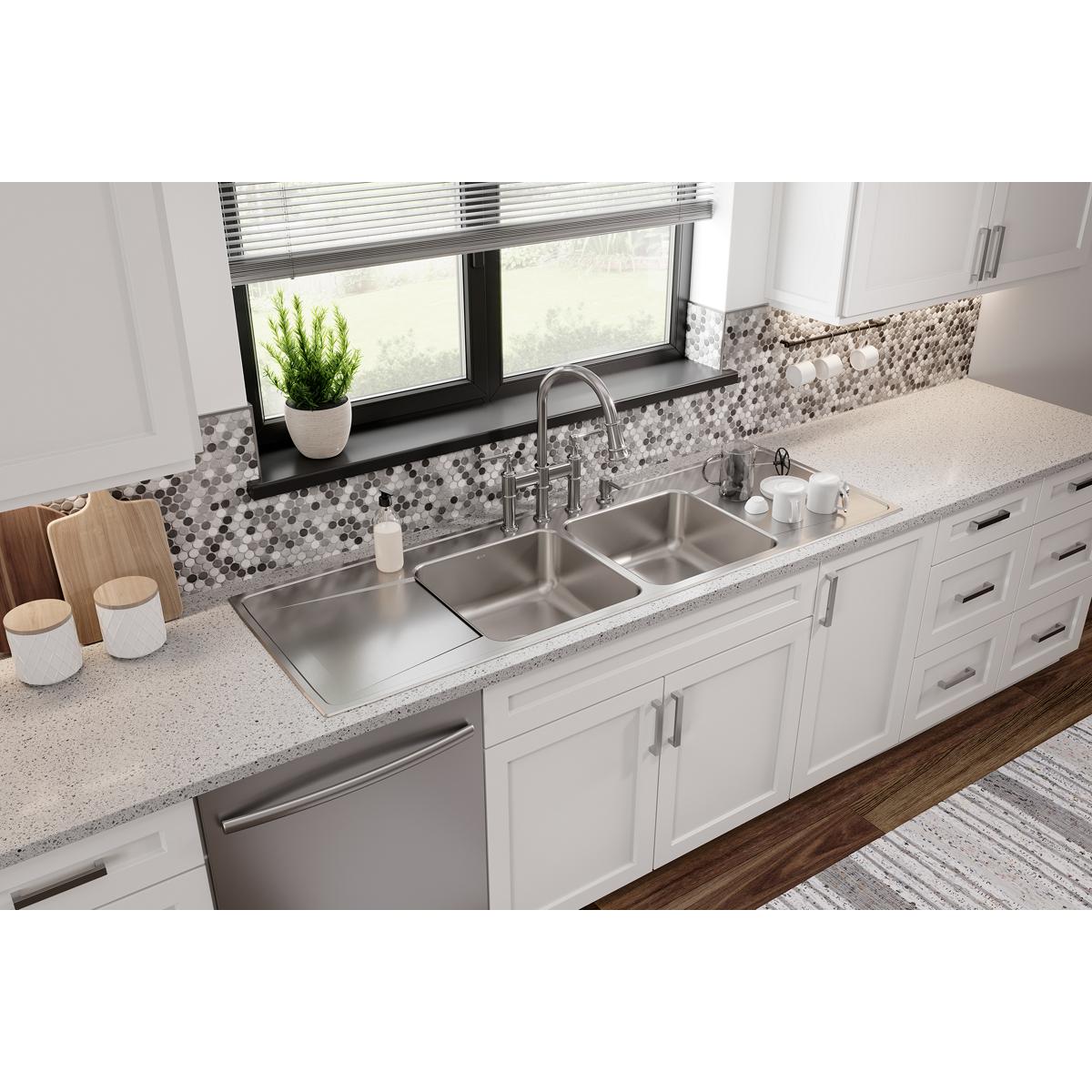 Elkay Lustertone Classic Stainless Steel 66" x 22" x 7-5/8", Equal Double Bowl Drop-in Sink with Drainboard ILR6622DD4