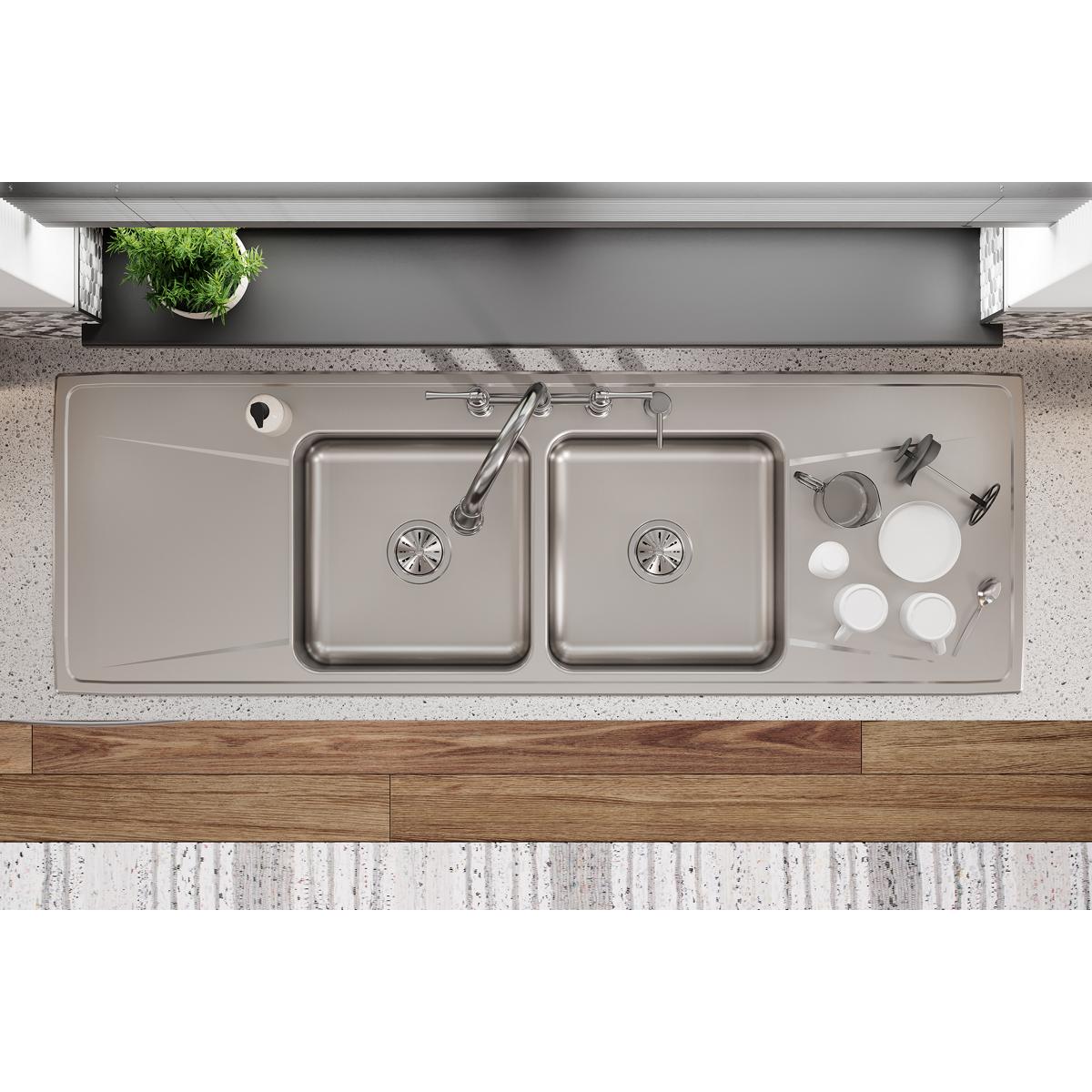 Elkay Lustertone Classic Stainless Steel 66" x 22" x 7-5/8", Equal Double Bowl Drop-in Sink with Drainboard ILR6622DD4