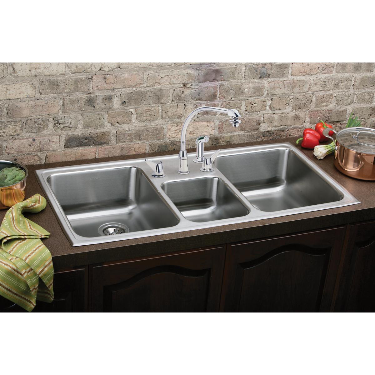 Elkay Lustertone Classic Stainless Steel 43" x 22" x 7-7/8", 3-Hole Triple Bowl Drop-in Sink LCR43223