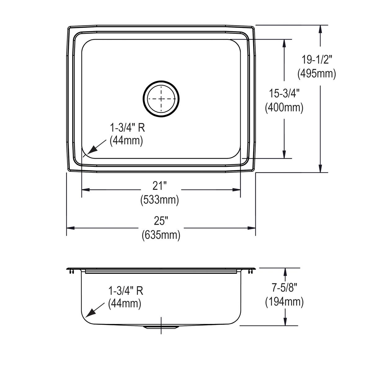 Elkay Lustertone Classic Stainless Steel 25" x 19-1/2" x 7-5/8", Single Bowl Drop-in Sink LFR2519
