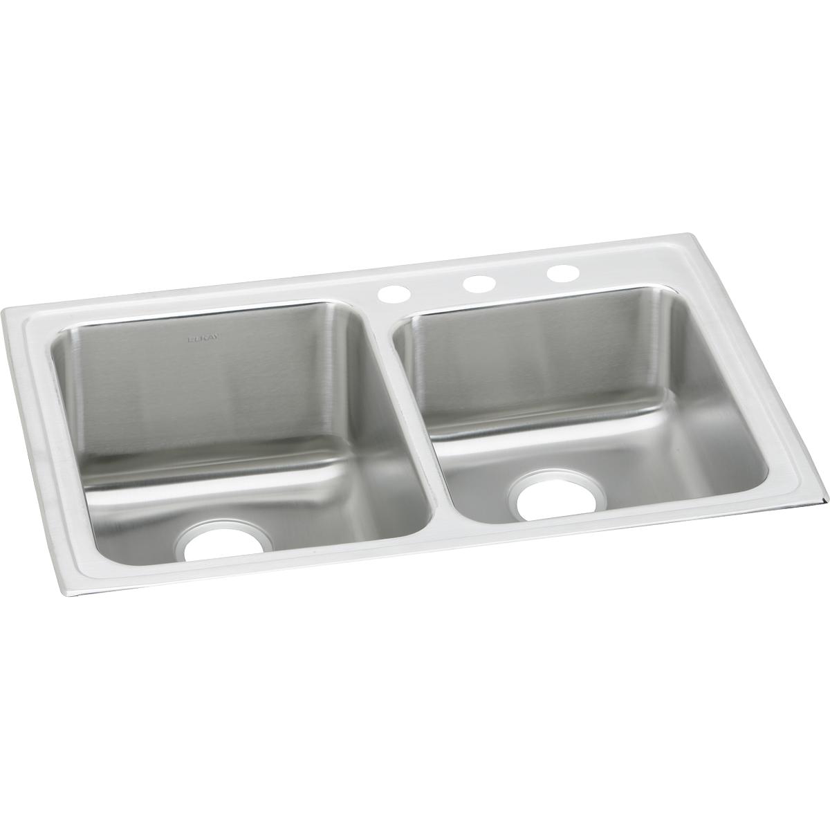 Elkay Lustertone Classic Stainless Steel 33" x 22" x 10", Offset 3-Hole Double Bowl Drop-in Sink LGR33223