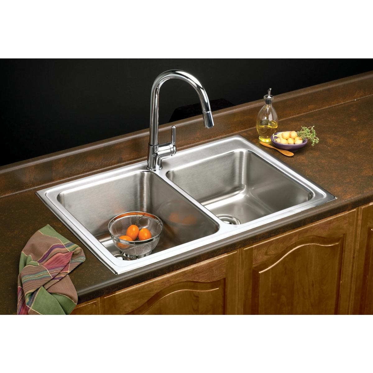 Elkay Lustertone Classic Stainless Steel 33" x 22" x 10", Offset 4-Hole Double Bowl Drop-in Sink LGR33224