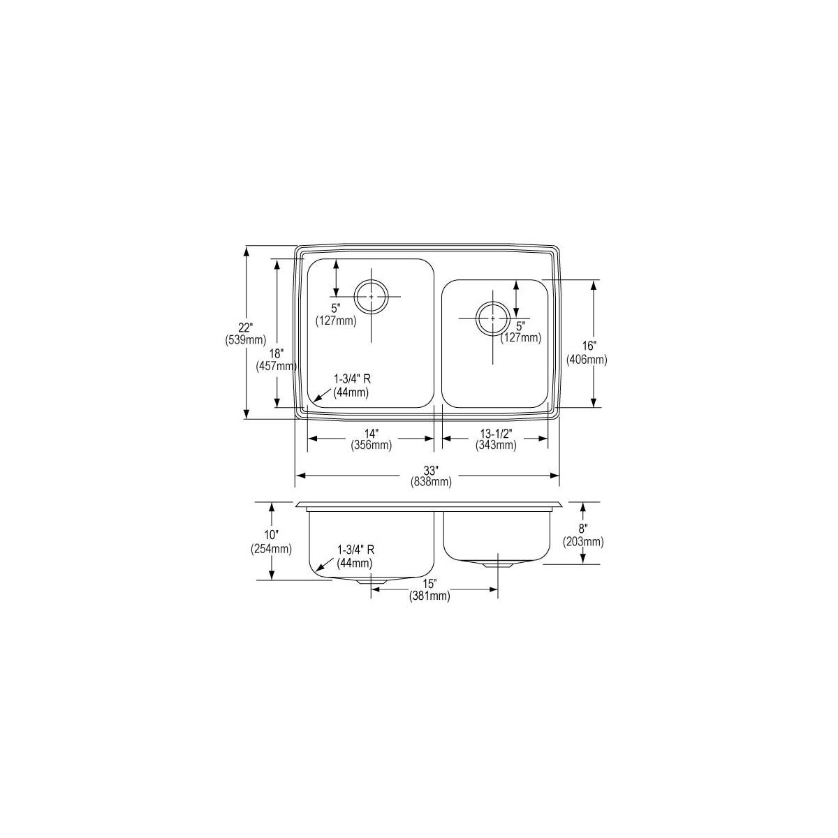 Elkay Lustertone Classic Stainless Steel 33" x 22" x 10", Offset 3-Hole Double Bowl Drop-in Sink LGR33223