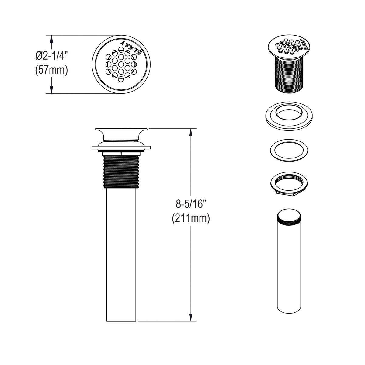 Elkay 1-1/2" Drain Fitting Chrome Plated Brass with Perforated Grid and Tailpiece LK174LO