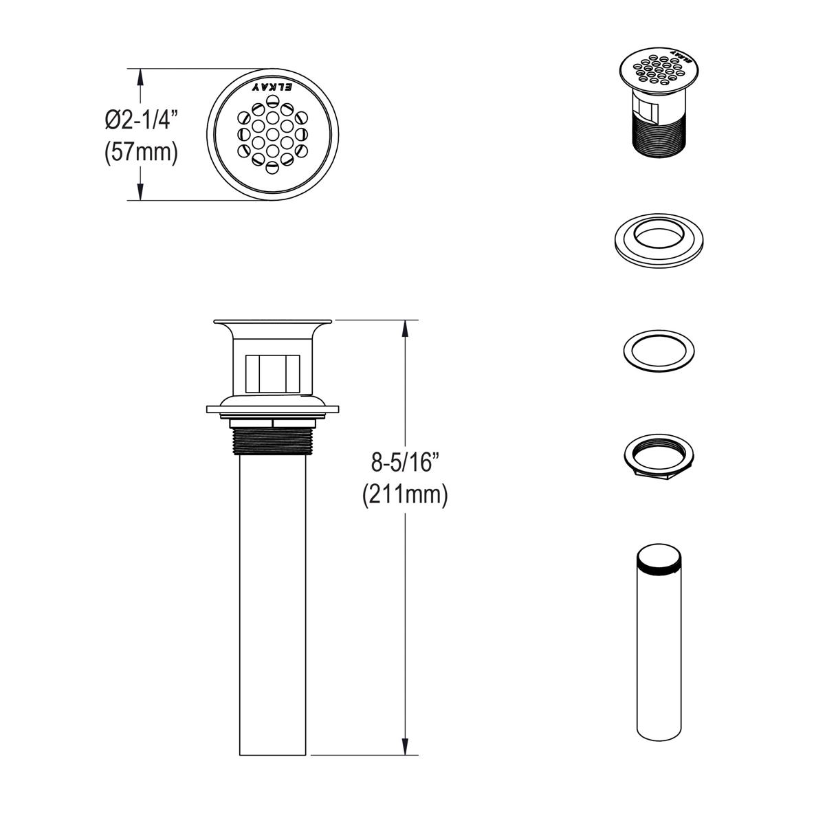 Elkay 1-1/2" Drain Fitting Chrome Plated Brass with Perforated Grid and Tailpiece LK174