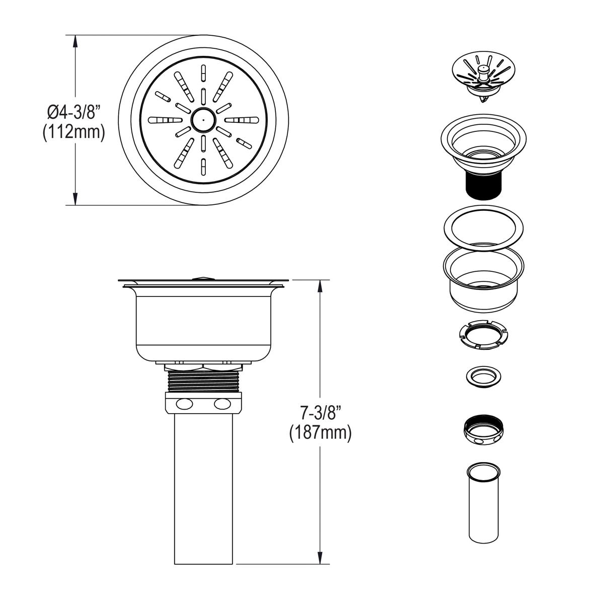 Elkay 3-1/2" Drain Fitting Type 316 Stainless Steel Body, Strainer Basket with rubber seal and Tailpiece LK335