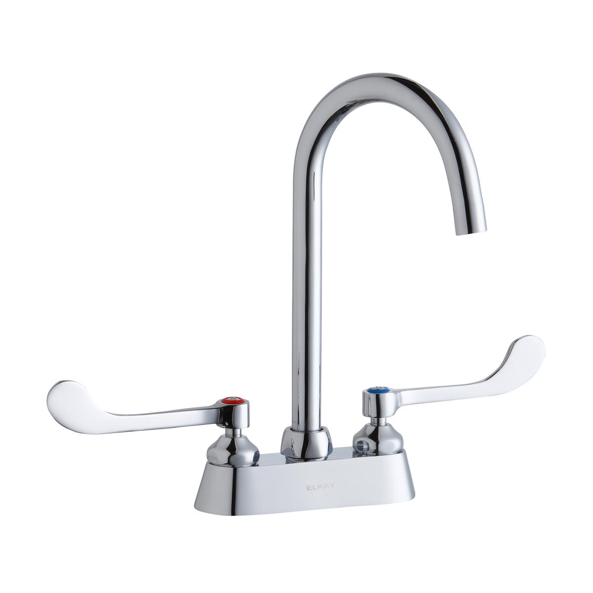 Elkay 4" Centerset with Exposed Deck Laminar Flow Faucet with 5" Gooseneck Spout 6" Wristblade Handles Chrome LK406LGN05T6