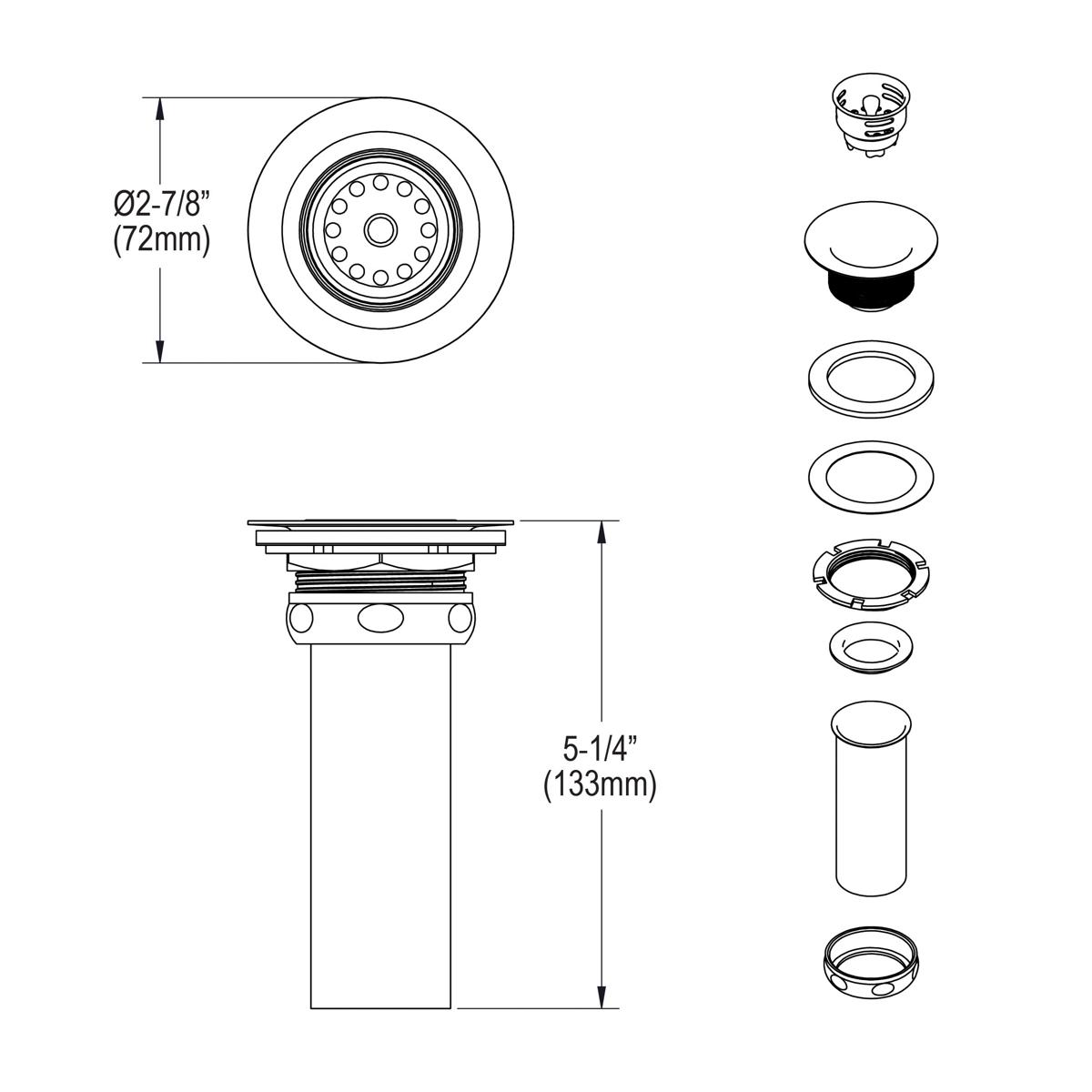 Elkay 2" Drain Fitting Type 304 Stainless Steel Body, Stainless Steel Strainer Basket and Rubber Seal LK58