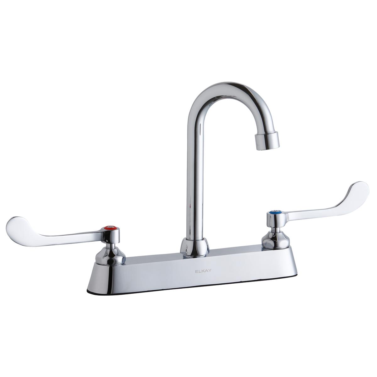 Elkay 8" Centerset with Exposed Deck Faucet with 4" Gooseneck Spout 6" Wristblade Handles Chrome LK810GN04T6