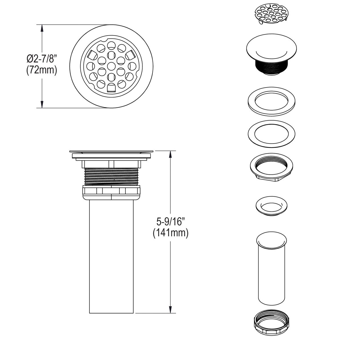 Elkay Drain Fitting Type 304 Stainless Steel Body, Grid Strainer and Brass Tailpiece LK9