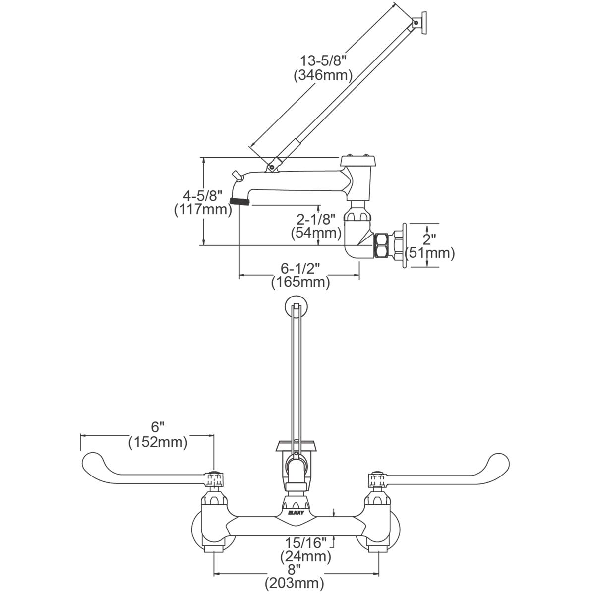 Elkay 8" Centerset Wall Mount Faucet with 7" Bucket Hook Spt 6" Wristblade Handles 1/2in Offset Inlets Rough Chrome LK940BR07T6H