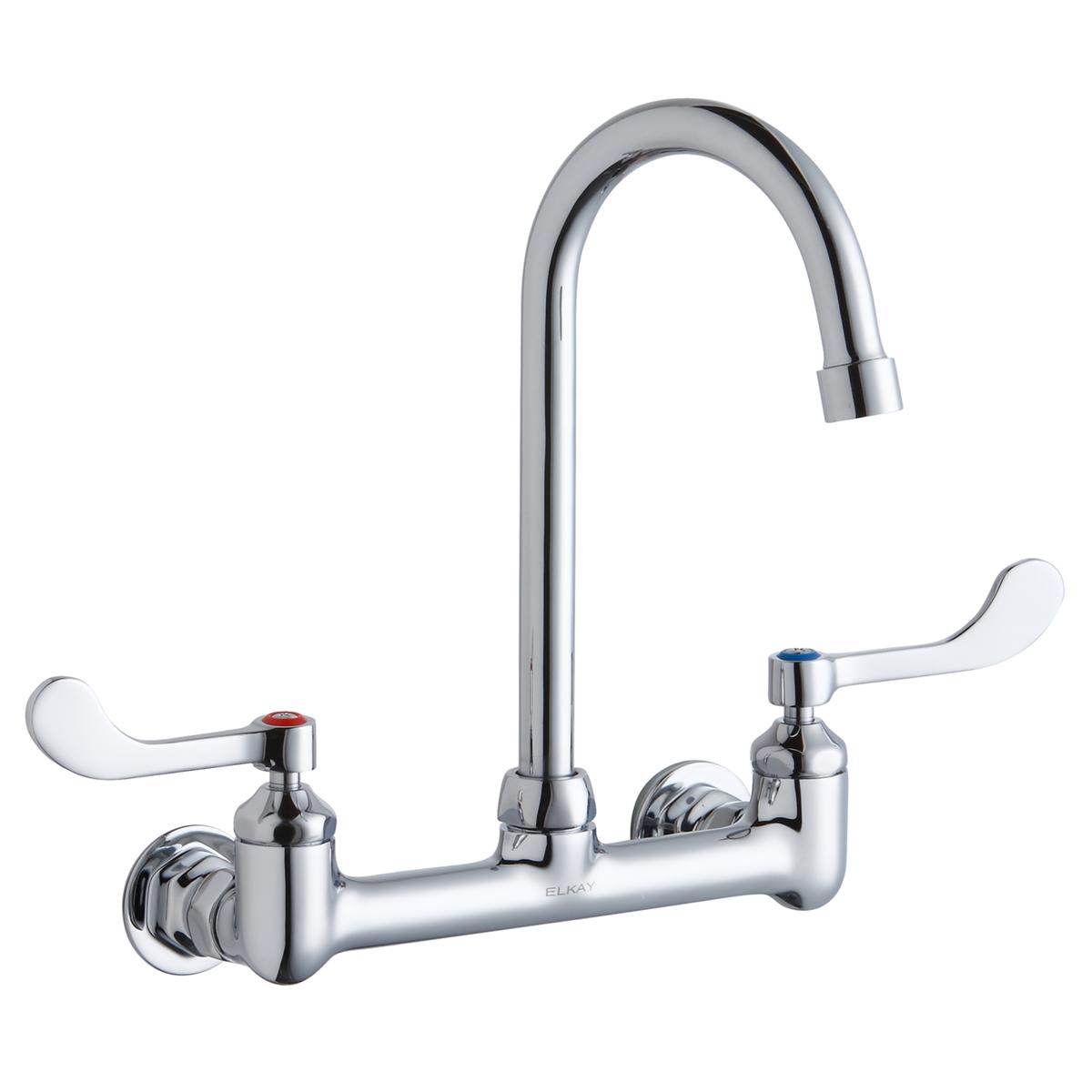 Elkay Scrub/Handwash 8" Centerset Wall Mount Faucet w/5" Gooseneck Spout 4" Wristblade Handles 1/2in Offset Inlet LK940GN05T4H