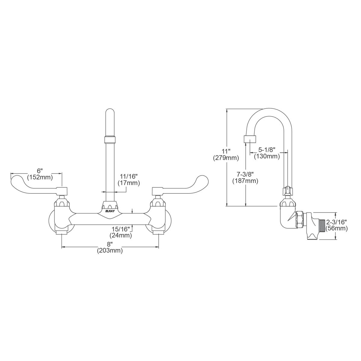 Elkay Scrub/Handwash 8" Centerset Wall Mount Faucet w/5" Gooseneck Spout 6" Wristblade Handle 1/2 Offset Inlets+Stop LK940GN05T6S