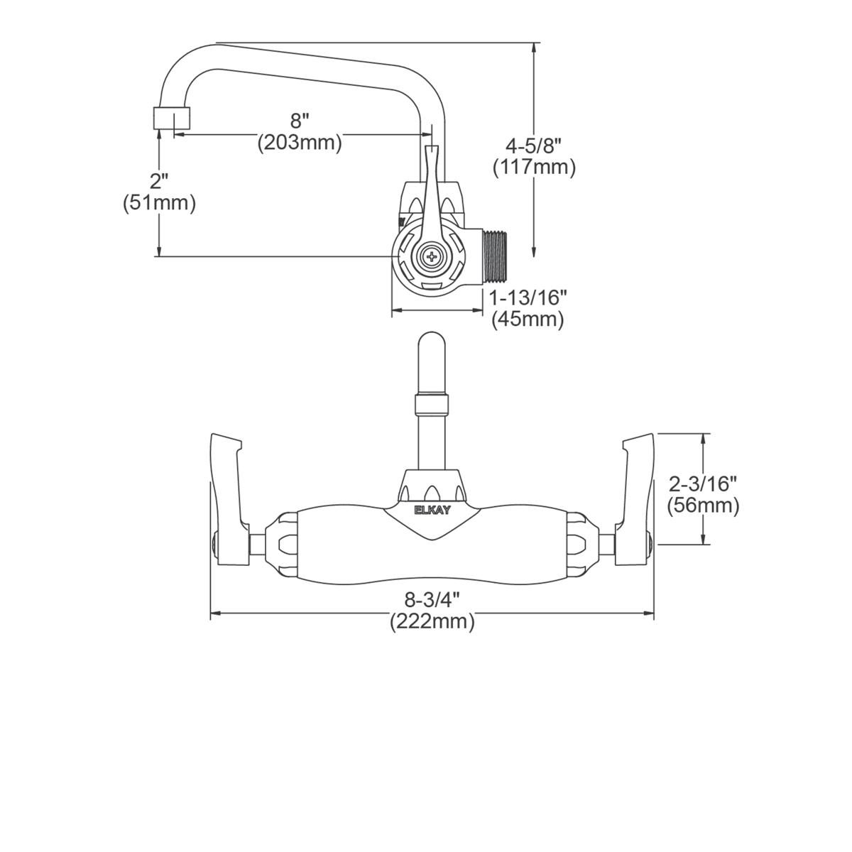 Elkay Foodservice 3-8" Adjustable Centers Wall Mount Faucet w/8" Tube Spout 2" Lever Handles 2in Inlet Chrome LK945TS08L2T