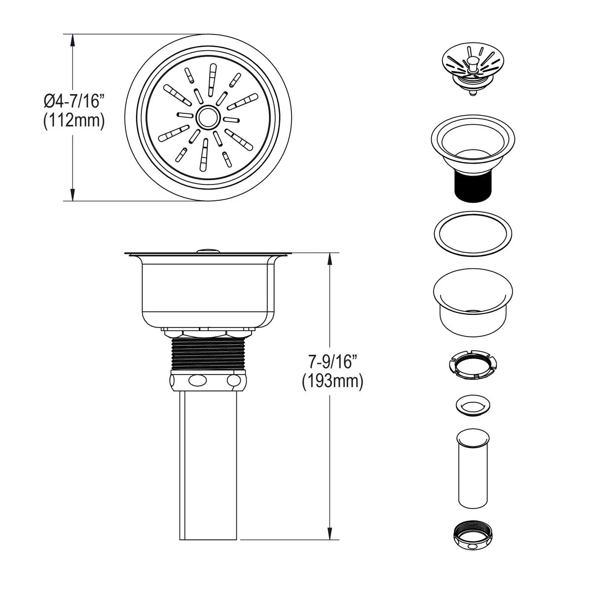 Elkay Deluxe 3-1/2" Drain with Satin Finish Type 304, Stainless Steel Body Strainer Basket Rubber Seal and Tailpiece LK99S