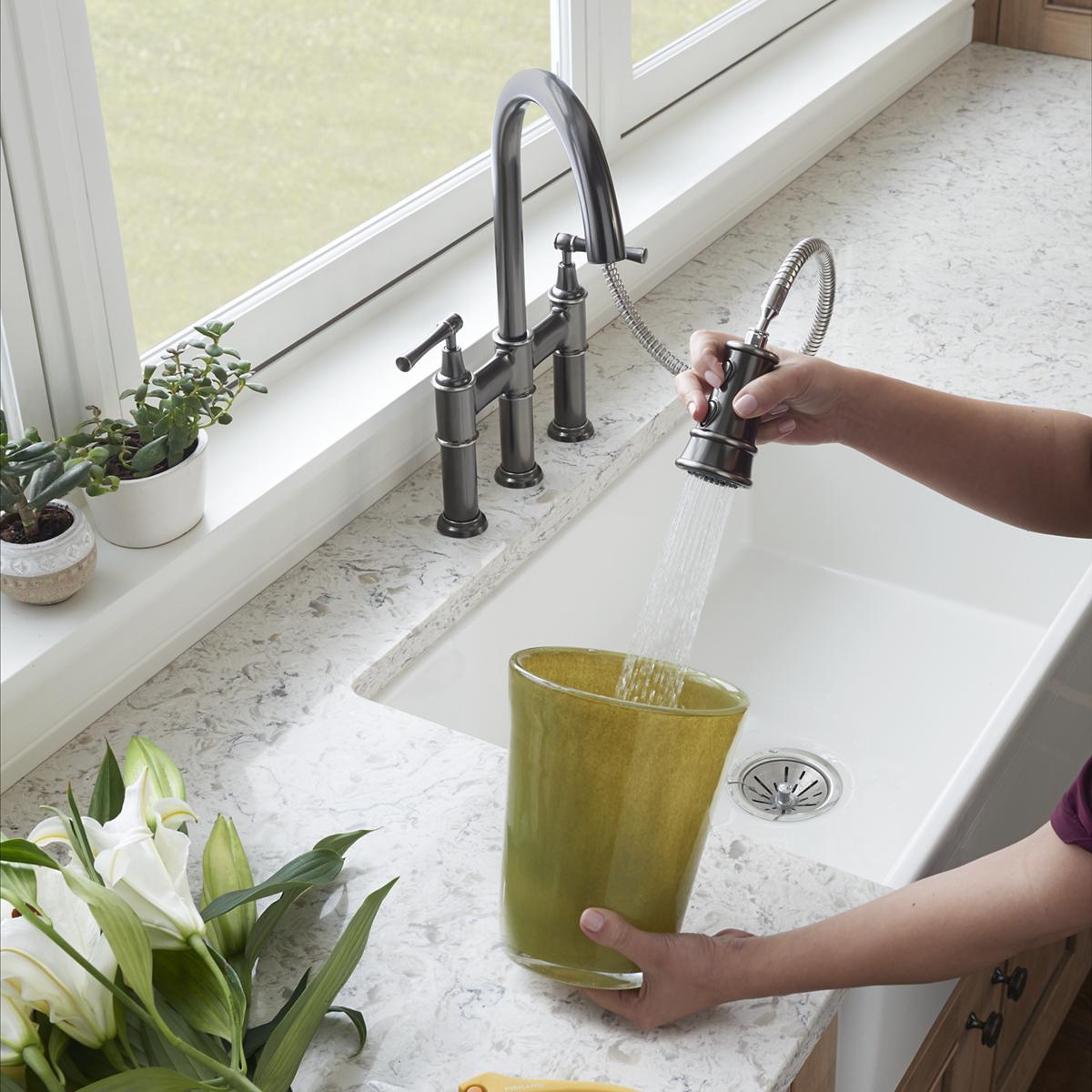 Elkay Explore Three Hole Bridge Faucet with Pull-down Spray and Lever Handles Antique Steel LKEC2037AS
