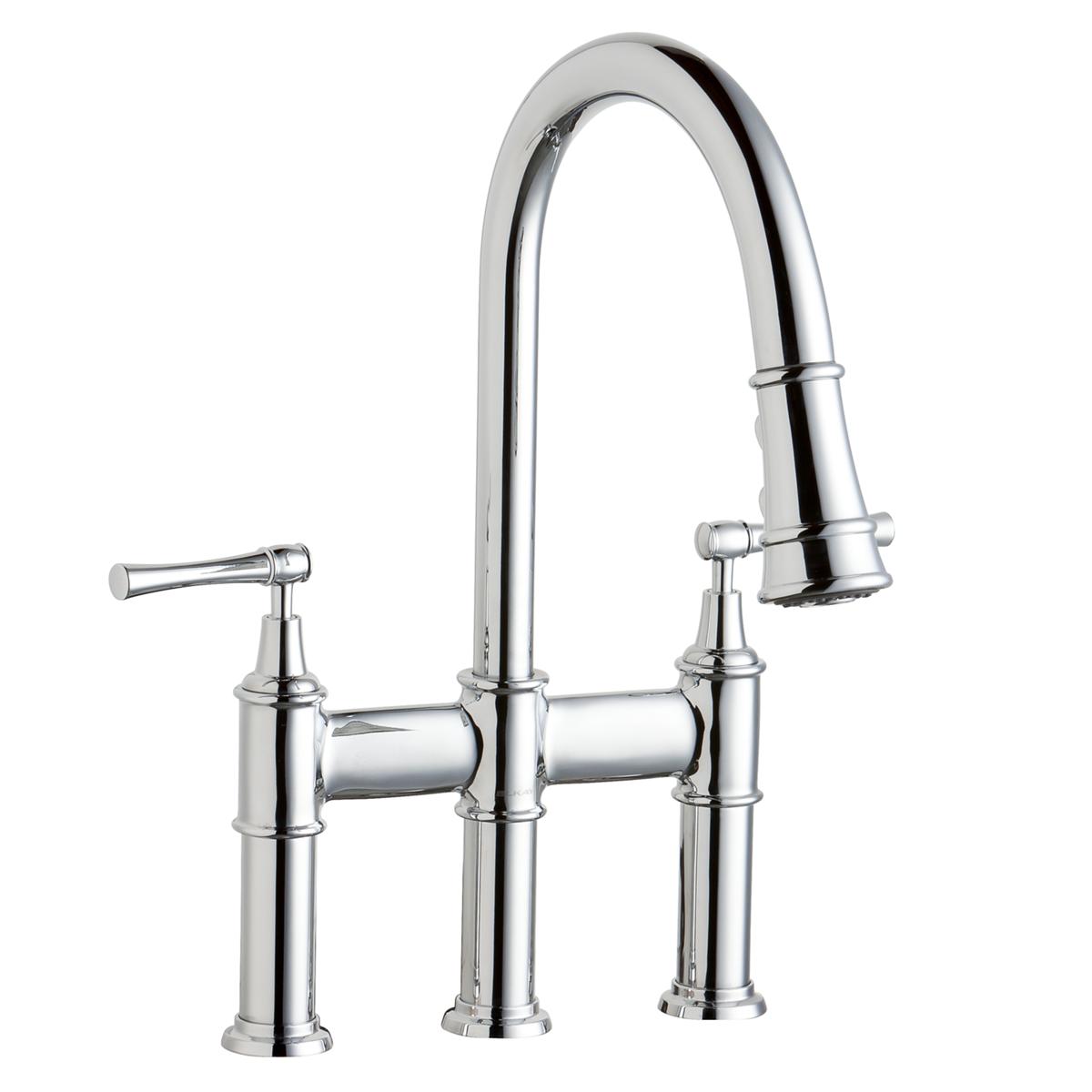 Elkay Explore Three Hole Bridge Faucet with Pull-down Spray and Lever Handles Chrome LKEC2037CR