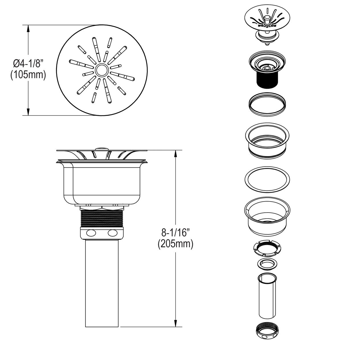 Elkay Perfect Drain Fitting Type 304 Stainless Steel Body, and Strainer Lustrous Steel LKPDQ1LS