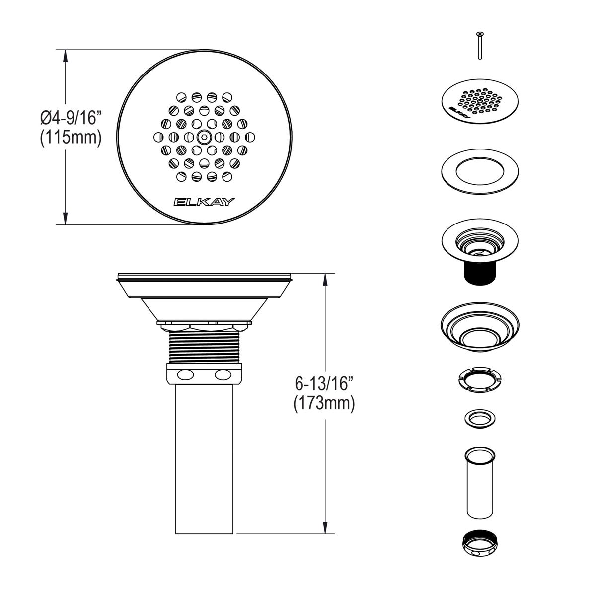 Elkay 3-1/2"Drain Nickel Plated Brass Body, Vandal-resistant Strainer and Tailpiece LKVR18
