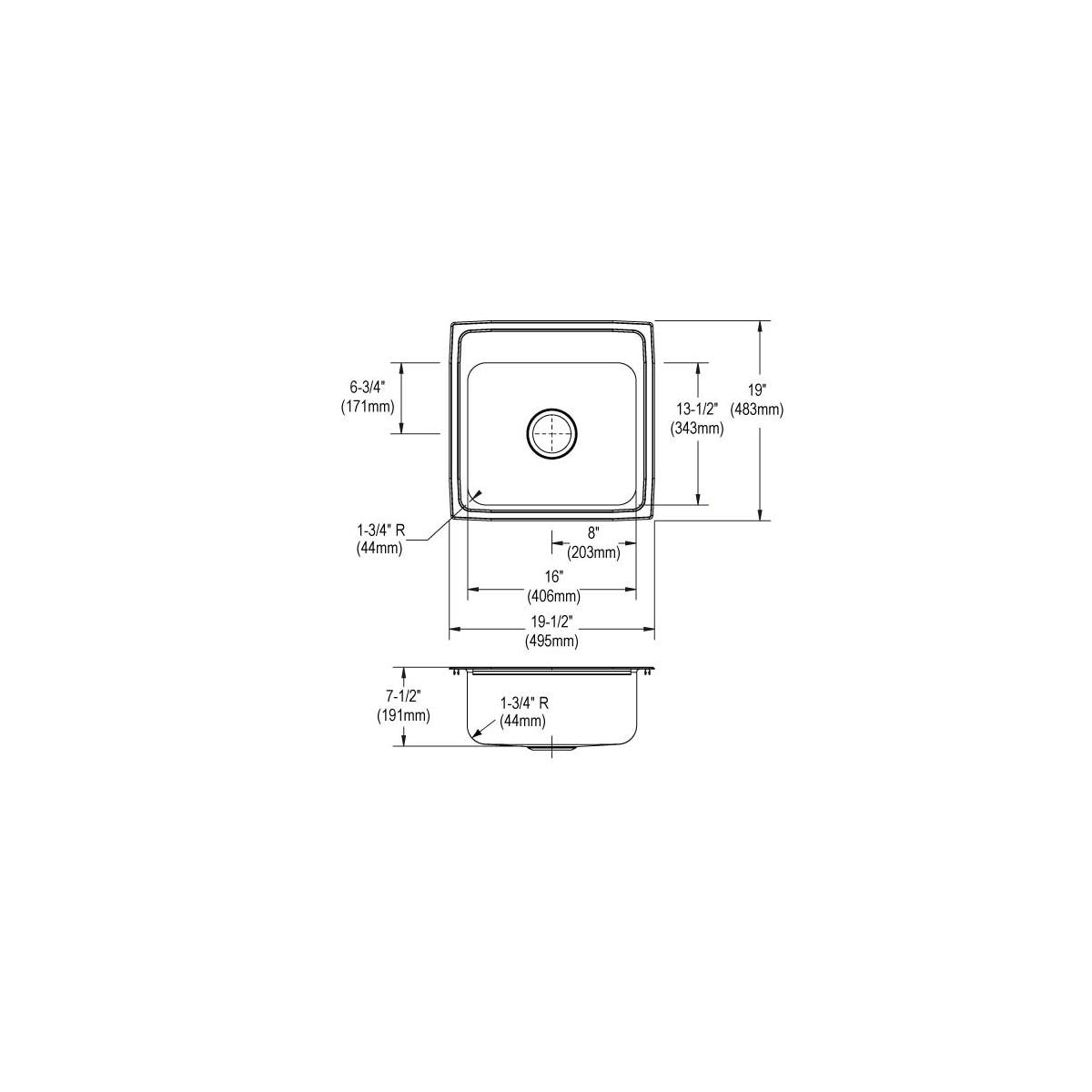 Elkay Lustertone Classic Stainless Steel 19-1/2" x 19" x 7-1/2", MR2-Hole Single Bowl Drop-in Sink LR1919MR2