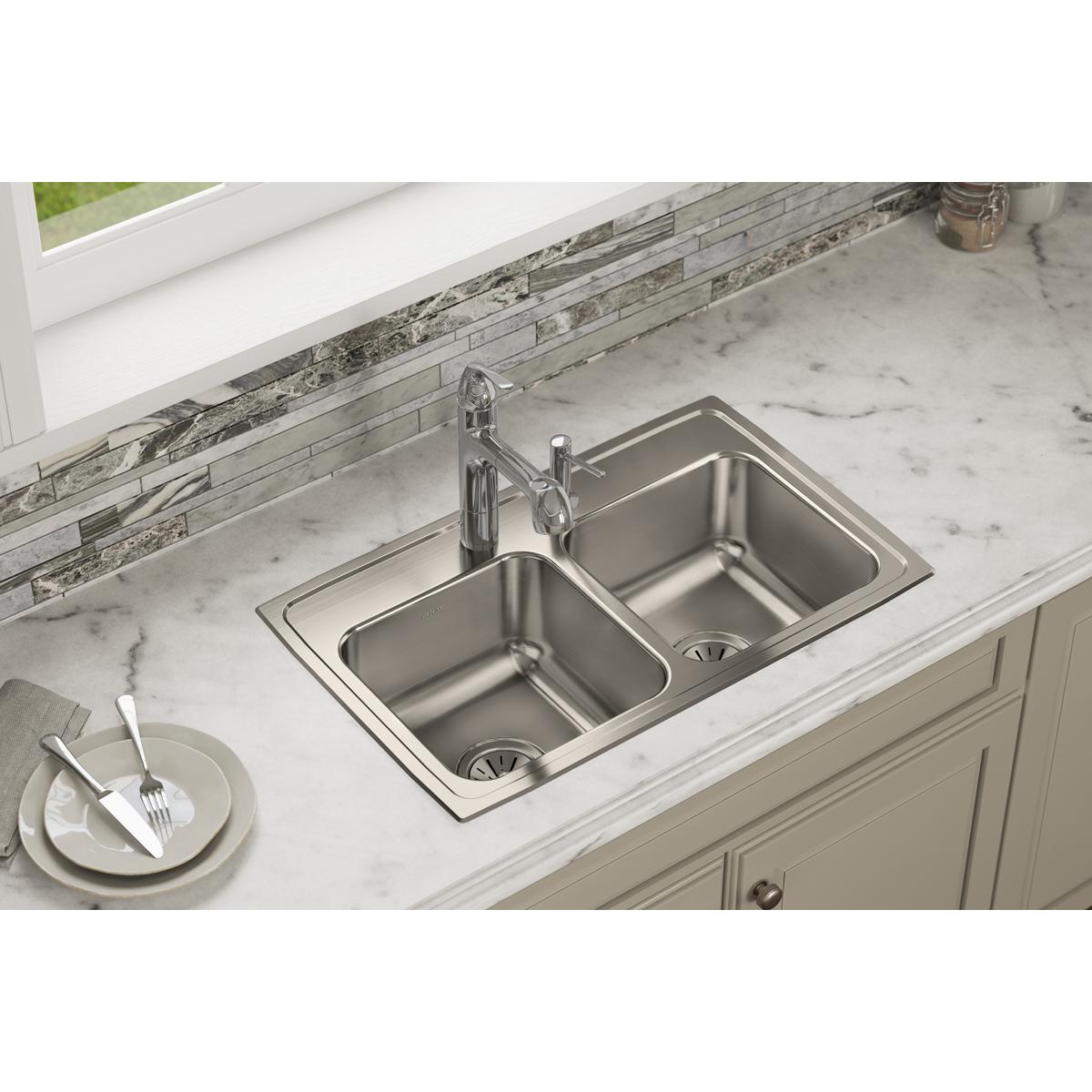 Elkay Lustertone Classic Stainless Steel 29" x 18" x 7-5/8", 3-Hole Equal Double Bowl Drop-in Sink LR29183