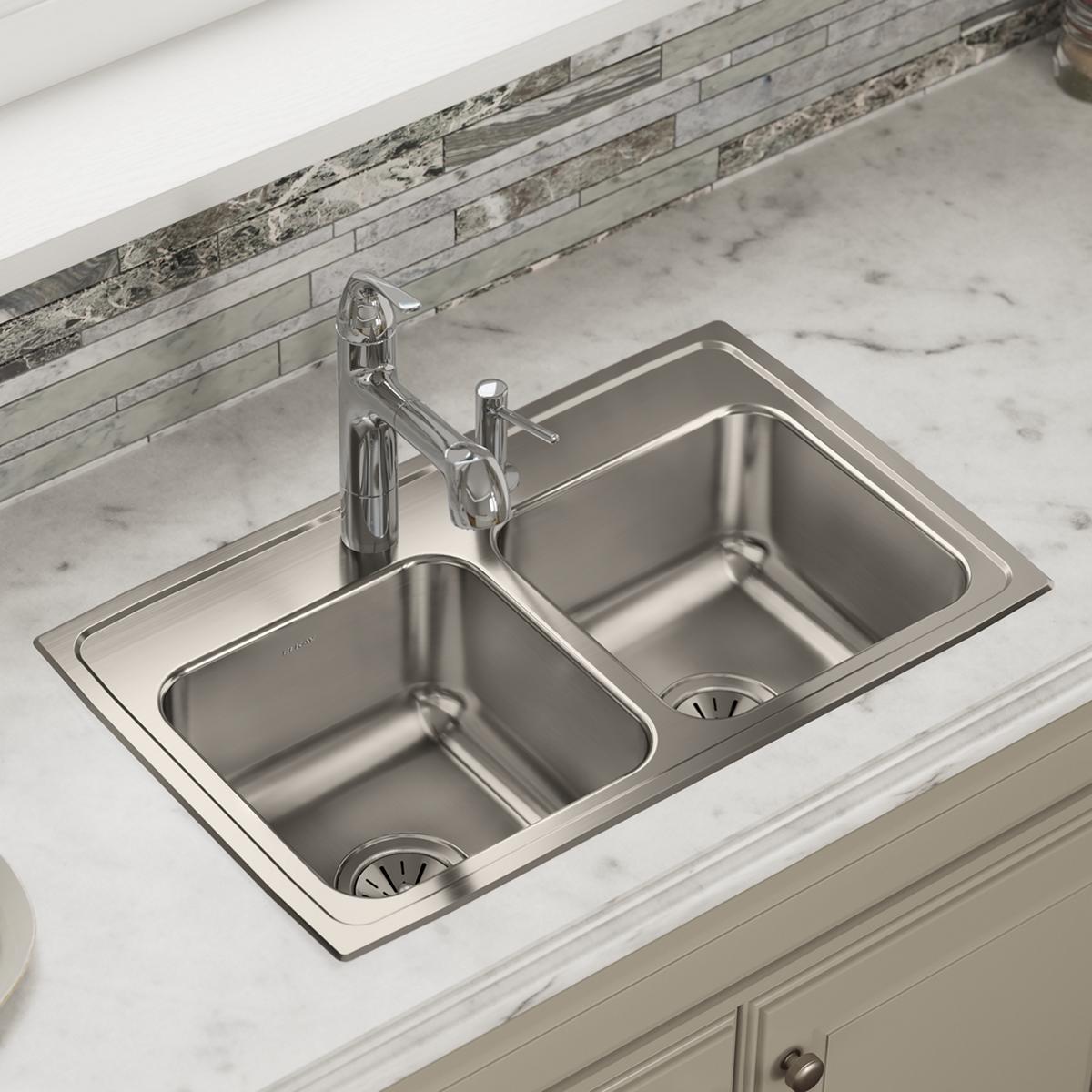 Elkay Lustertone Classic Stainless Steel 29" x 18" x 7-5/8", 4-Hole Equal Double Bowl Drop-in Sink LR29184