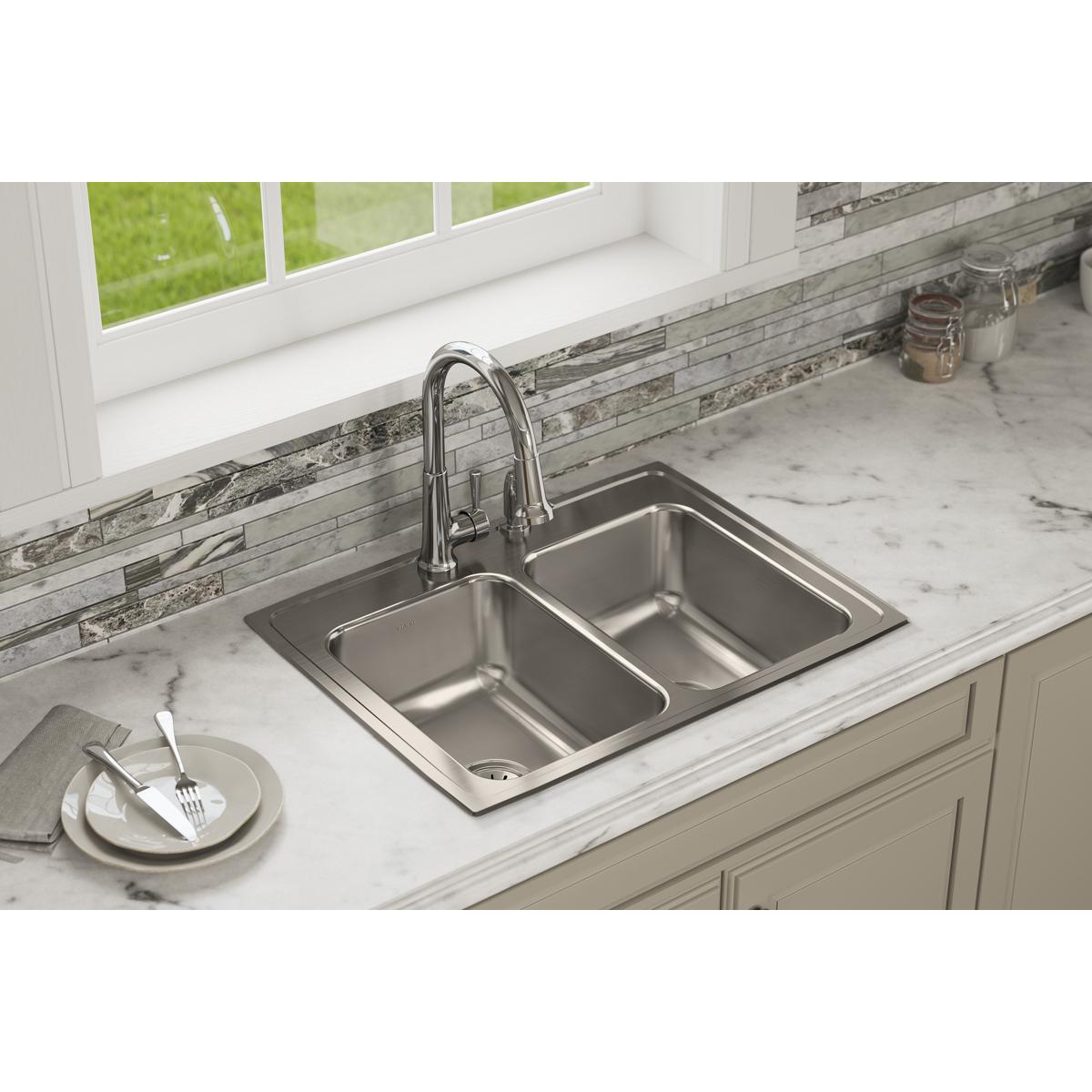 Elkay Lustertone Classic Stainless Steel 29" x 22" x 7-5/8", 4-Hole Equal Double Bowl Drop-in Sink LR29224