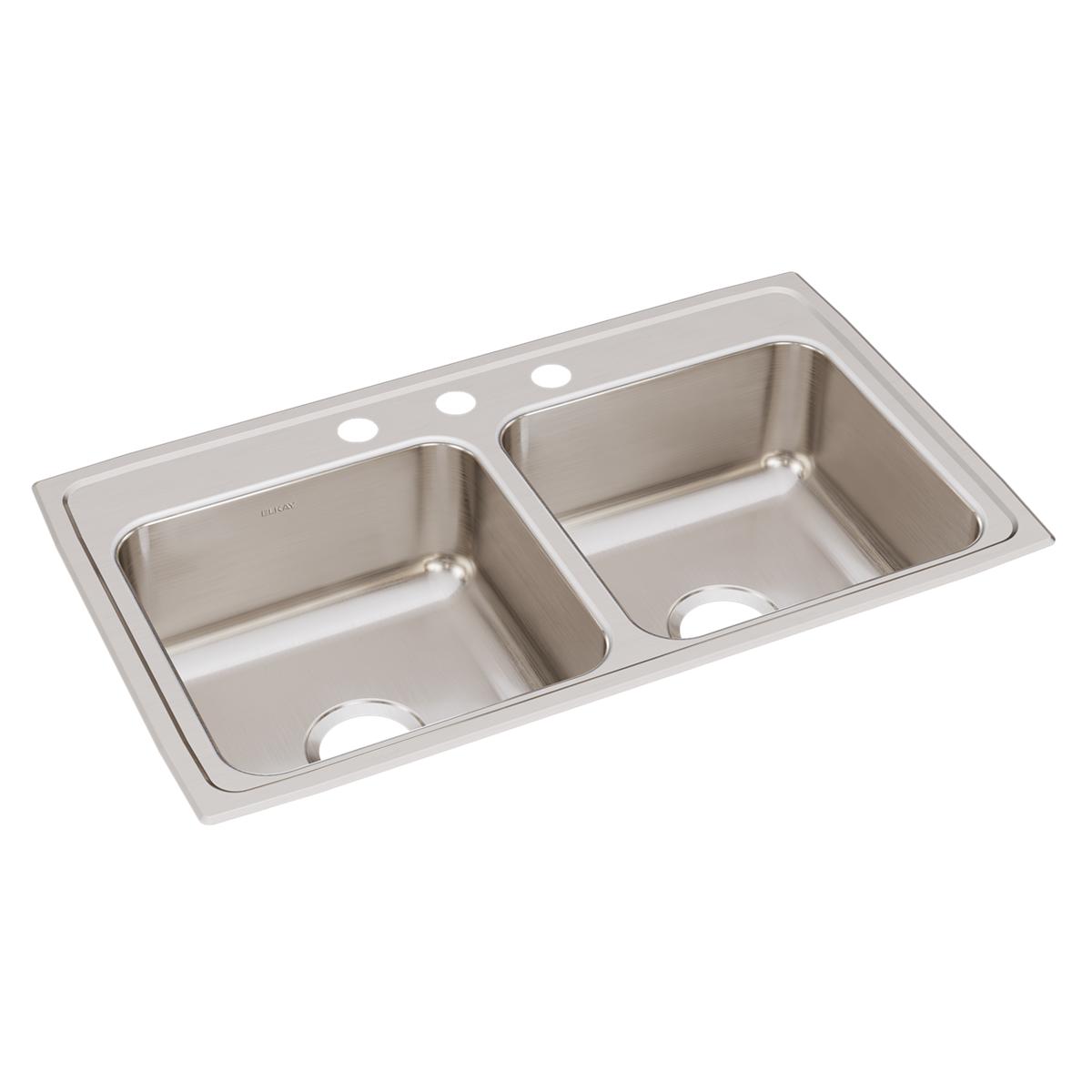 Elkay Lustertone Classic Stainless Steel 33" x 19-1/2" x 7-5/8", 3-Hole Equal Double Bowl Drop-in Sink LR33193