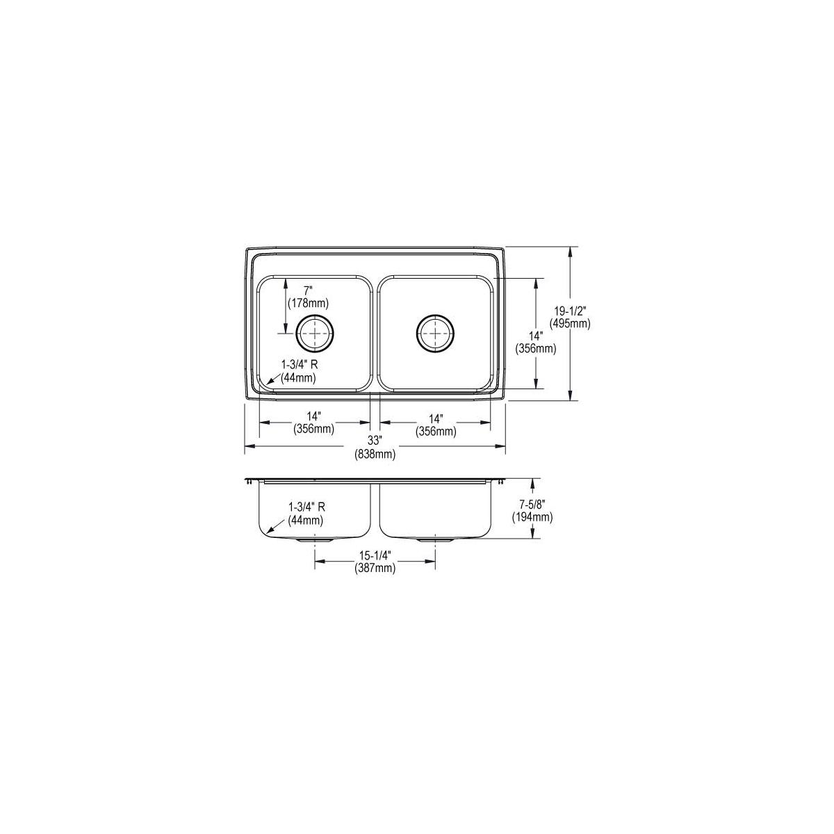 Elkay Lustertone Classic Stainless Steel 33" x 19-1/2" x 7-5/8", MR2-Hole Equal Double Bowl Drop-in Sink LR3319MR2