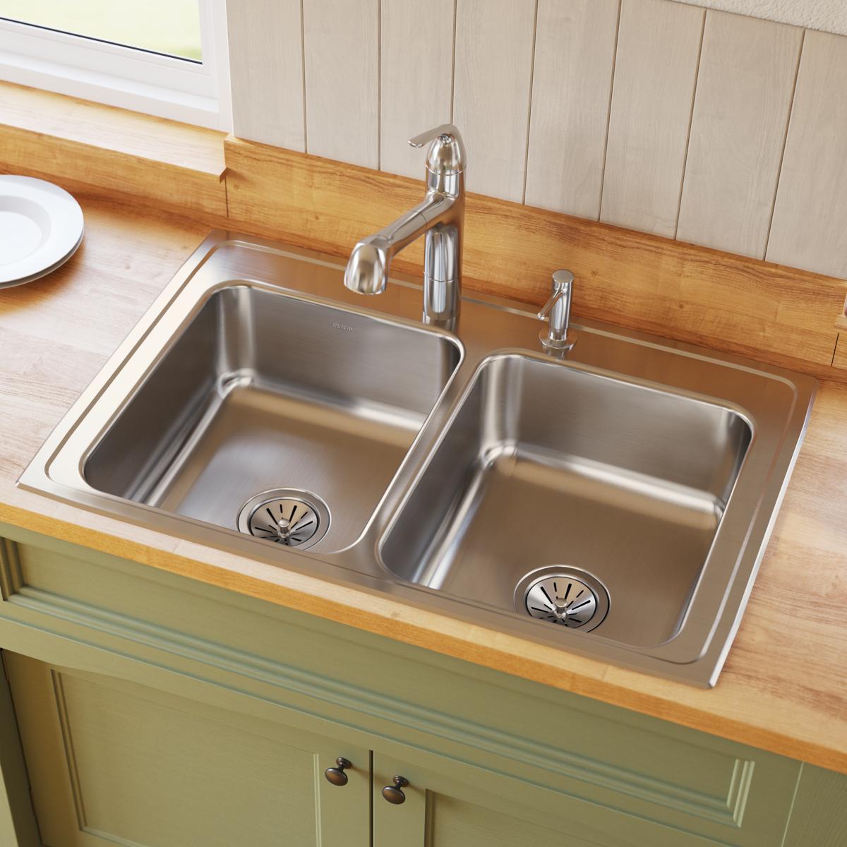 Elkay Lustertone Classic Stainless Steel 33" x 21-1/4" x 7-7/8", 4-Hole Equal Double Bowl Drop-in Sink LR33214