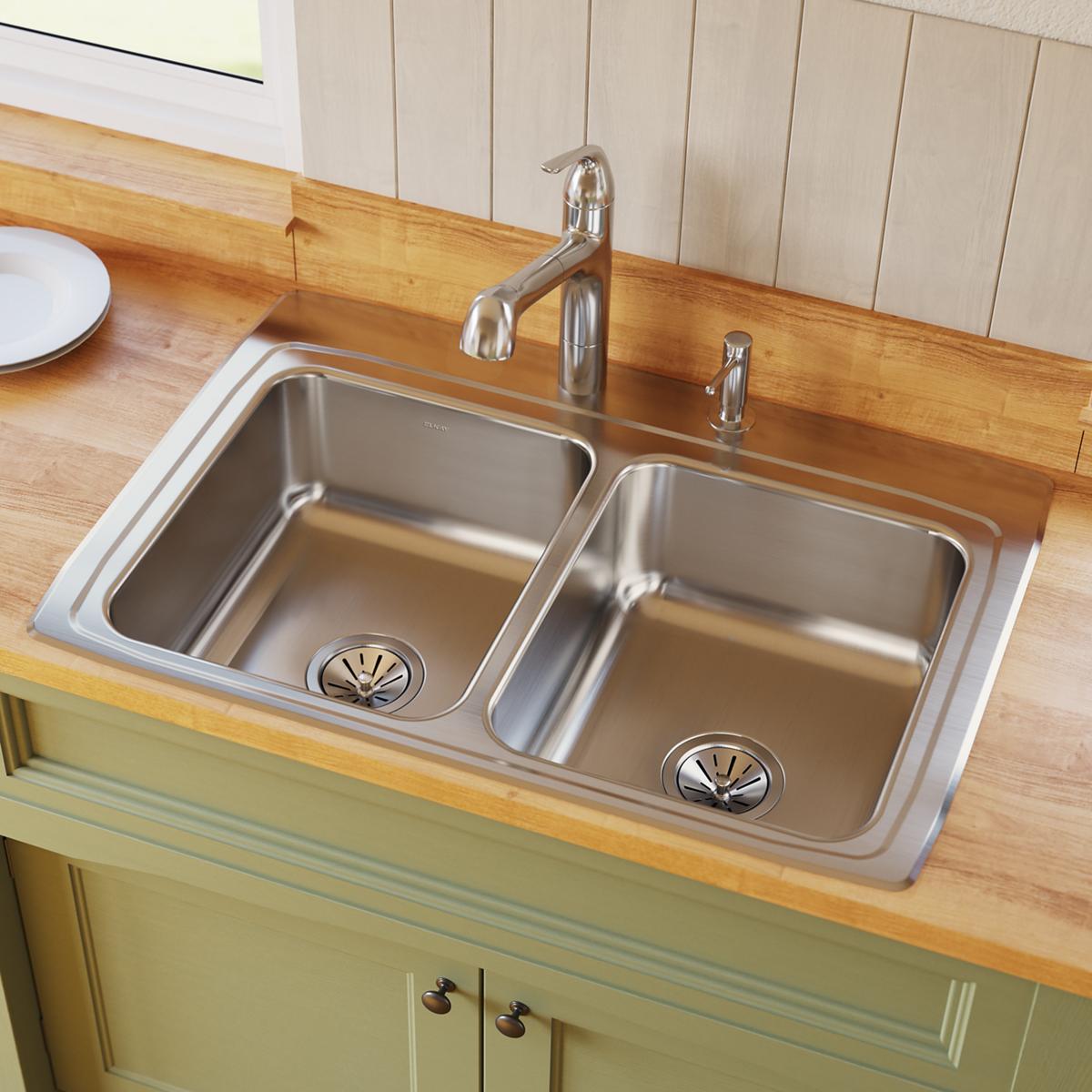 Elkay Lustertone Classic Stainless Steel 33" x 22" x 8-1/8", 3-Hole Equal Double Bowl Drop-in Sink LR33223
