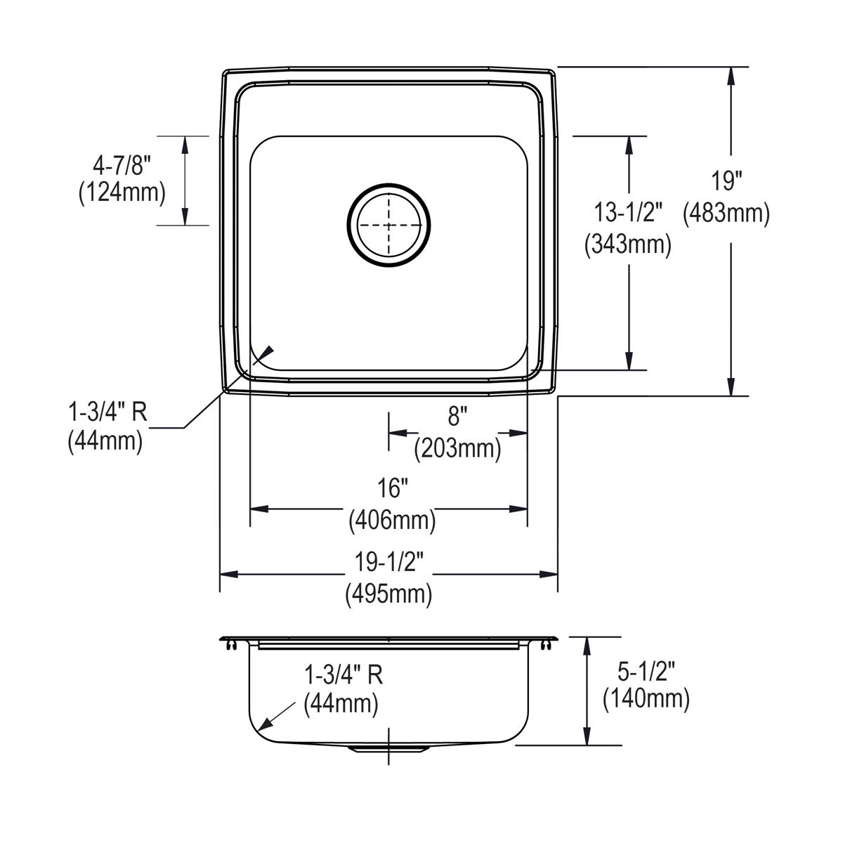 Elkay Lustertone Classic Stainless Steel 19-1/2" x 19" x 5-1/2", MR2-Hole Single Bowl Drop-in ADA Sink LRAD191955MR2
