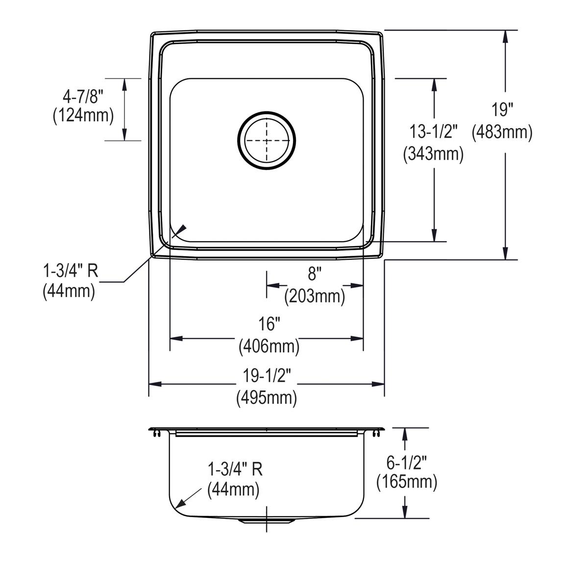 Elkay Lustertone Classic Stainless Steel 19-1/2" x 19" x 6-1/2", MR2-Hole Single Bowl Drop-in ADA Sink LRAD191965MR2