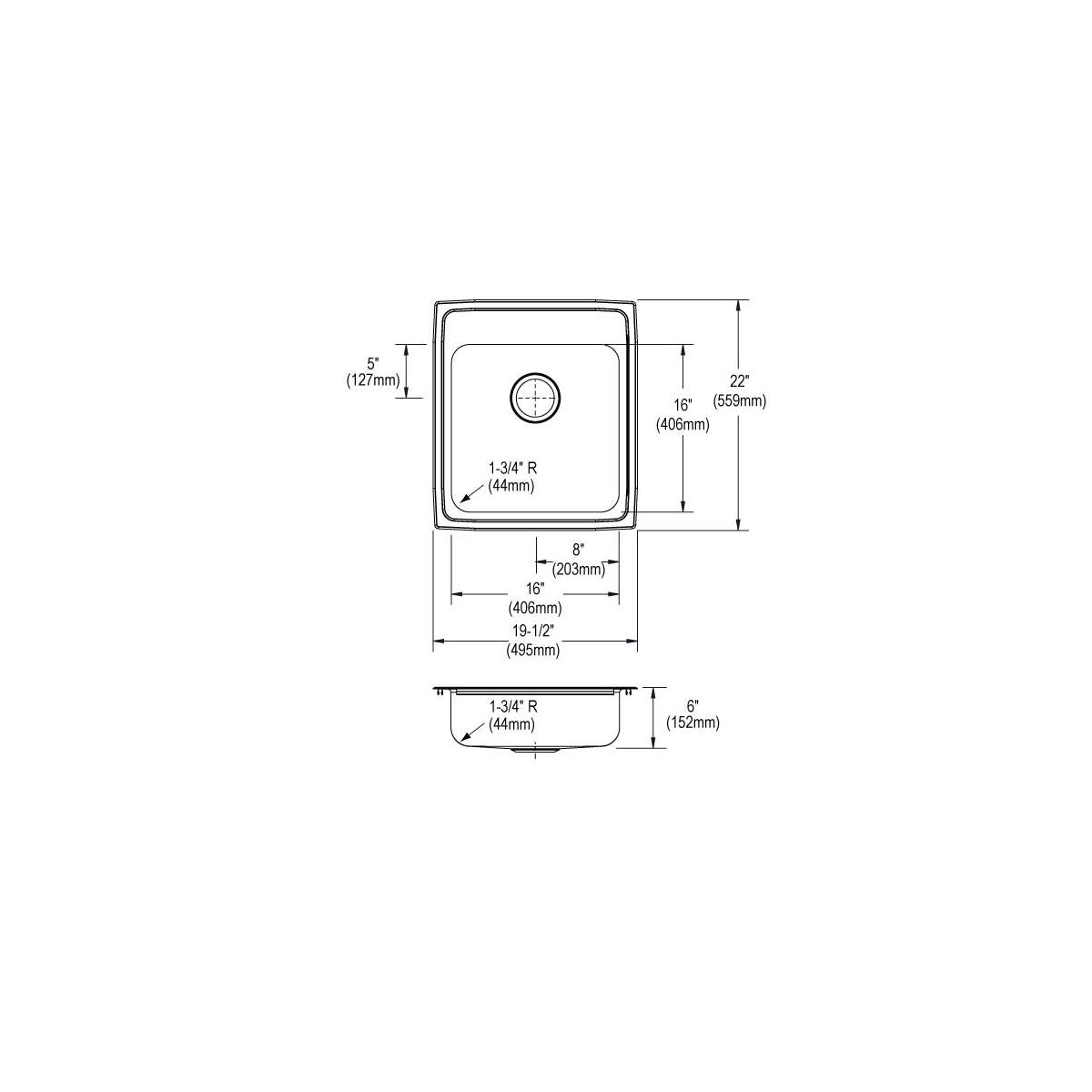Elkay Lustertone Classic Stainless Steel 19-1/2" x 22" x 6", OS4-Hole Single Bowl Drop-in ADA Sink LRAD202260OS4