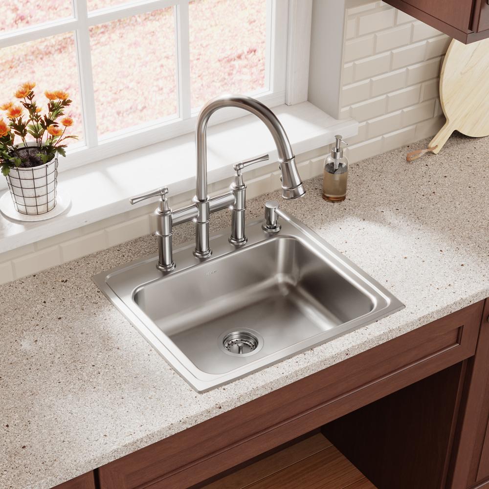 Elkay LKEC2037LS Lead-Free Explore™ Three Hole Bridge Faucet with Pull-down Spray and Lever Handles Lustrous Steel