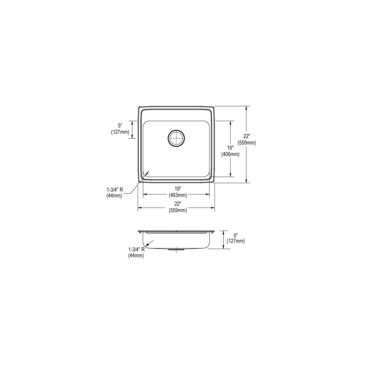 Elkay Lustertone Classic Stainless Steel 22" x 22" x 5", 2-Hole Single Bowl Drop-in ADA Sink LRAD2222502
