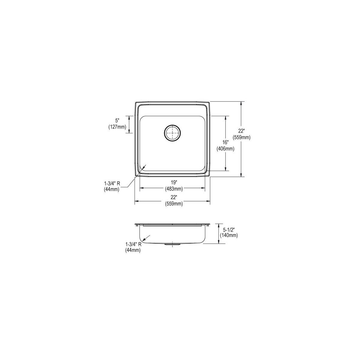 Elkay Lustertone Classic Stainless Steel 22" x 22" x 5-1/2", 2-Hole Single Bowl Drop-in ADA Sink LRAD2222552