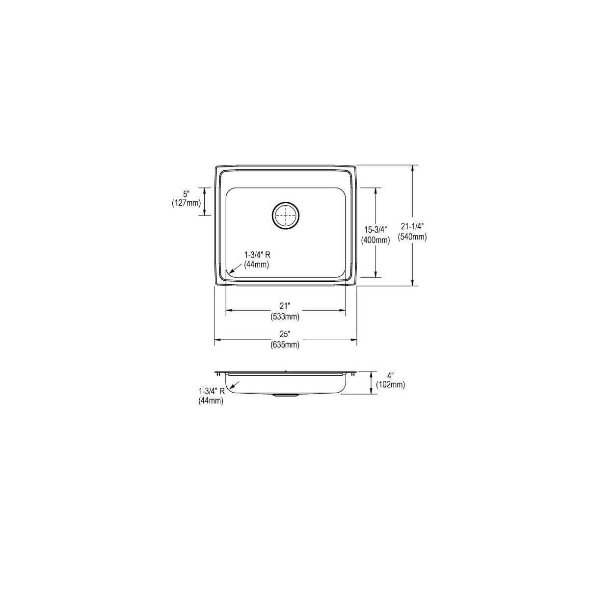Elkay Lustertone Classic Stainless Steel 25" x 21-1/4" x 4", Single Bowl Drop-in ADA Sink with Quick-clip LRADQ2521403