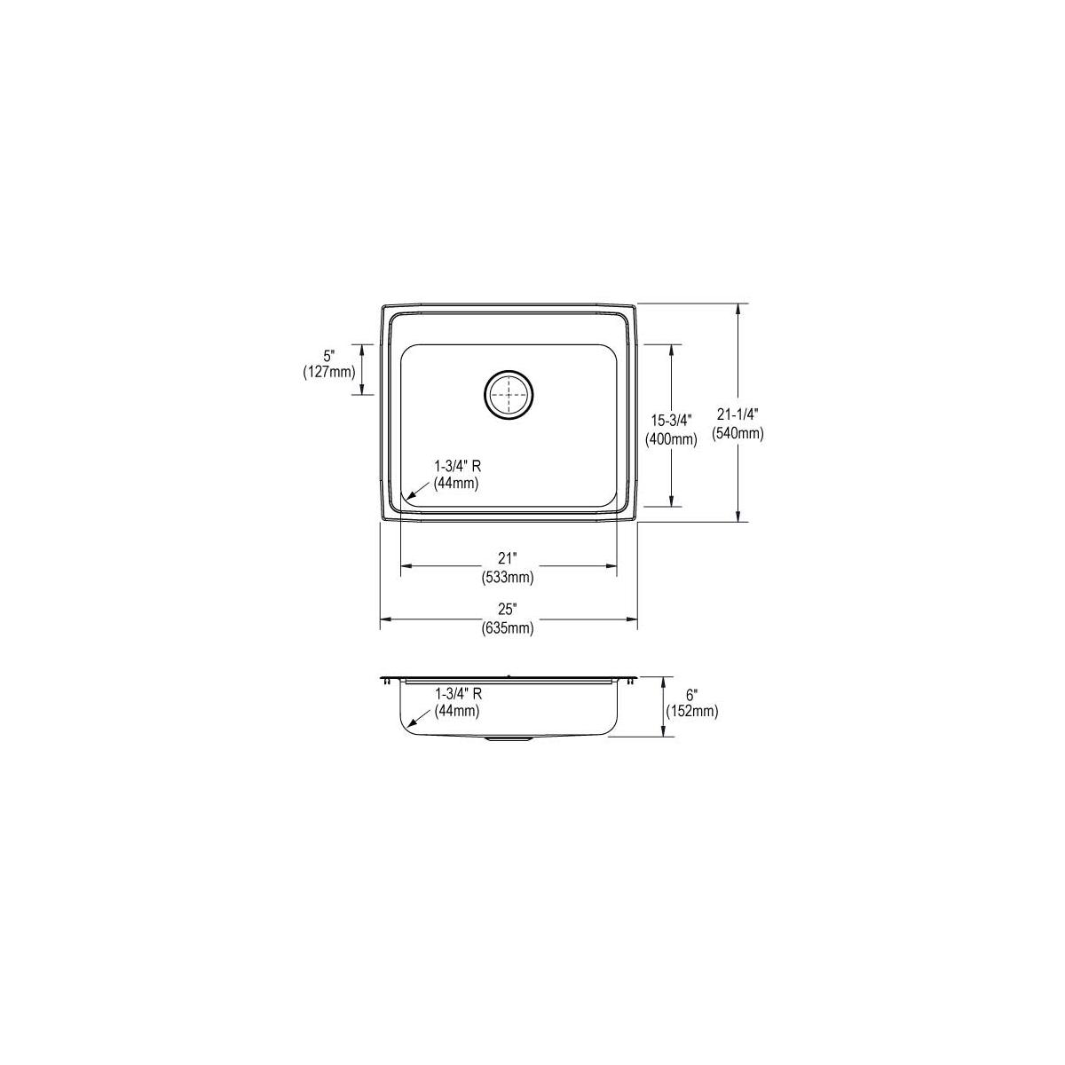 Elkay Lustertone Classic Stainless Steel 25" x 21-1/4" x 6", Single Bowl Drop-in ADA Sink LRAD2521601