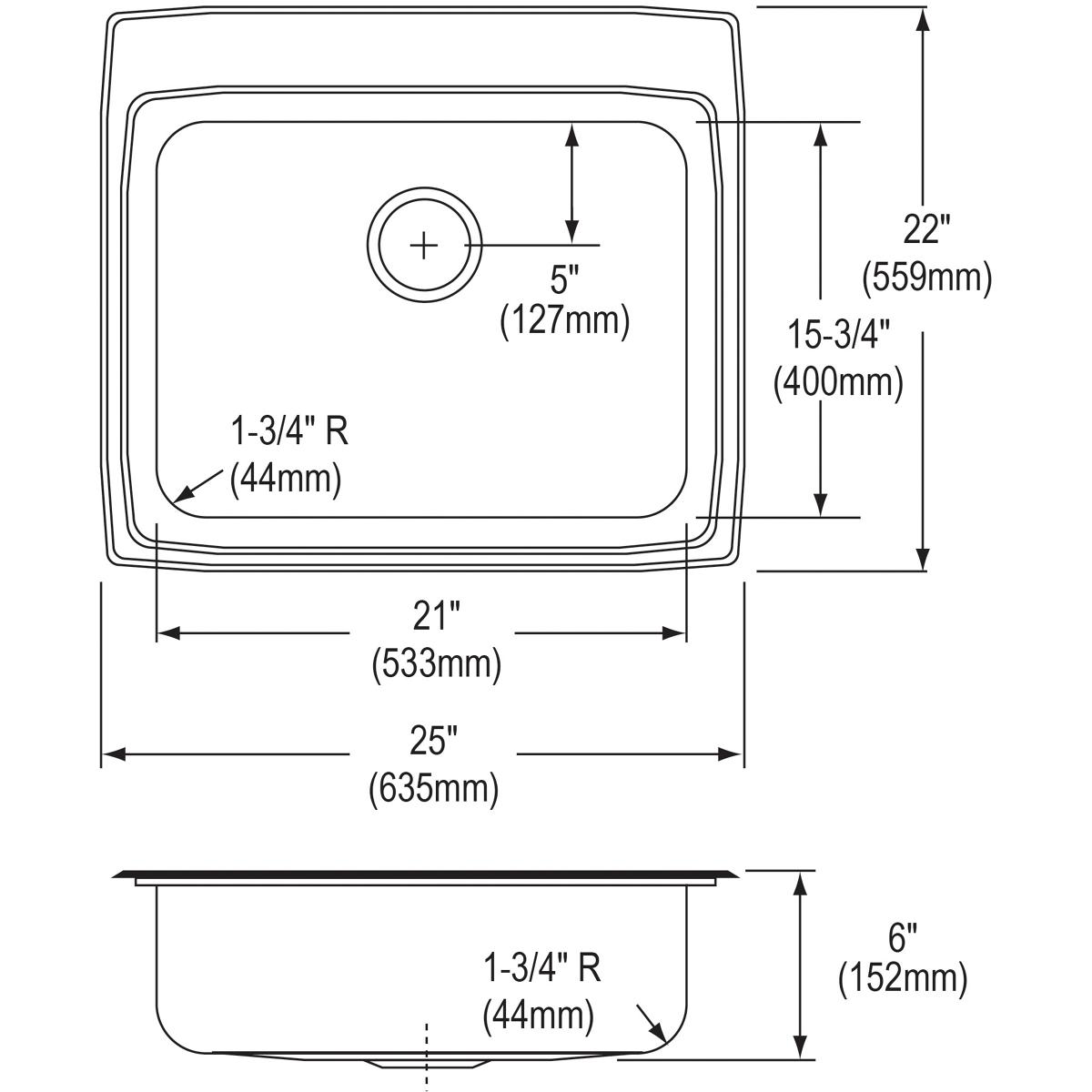 Elkay Lustertone Classic Stainless Steel 25" x 22" x 6", Single Bowl Drop-in ADA Sink LRAD2522602