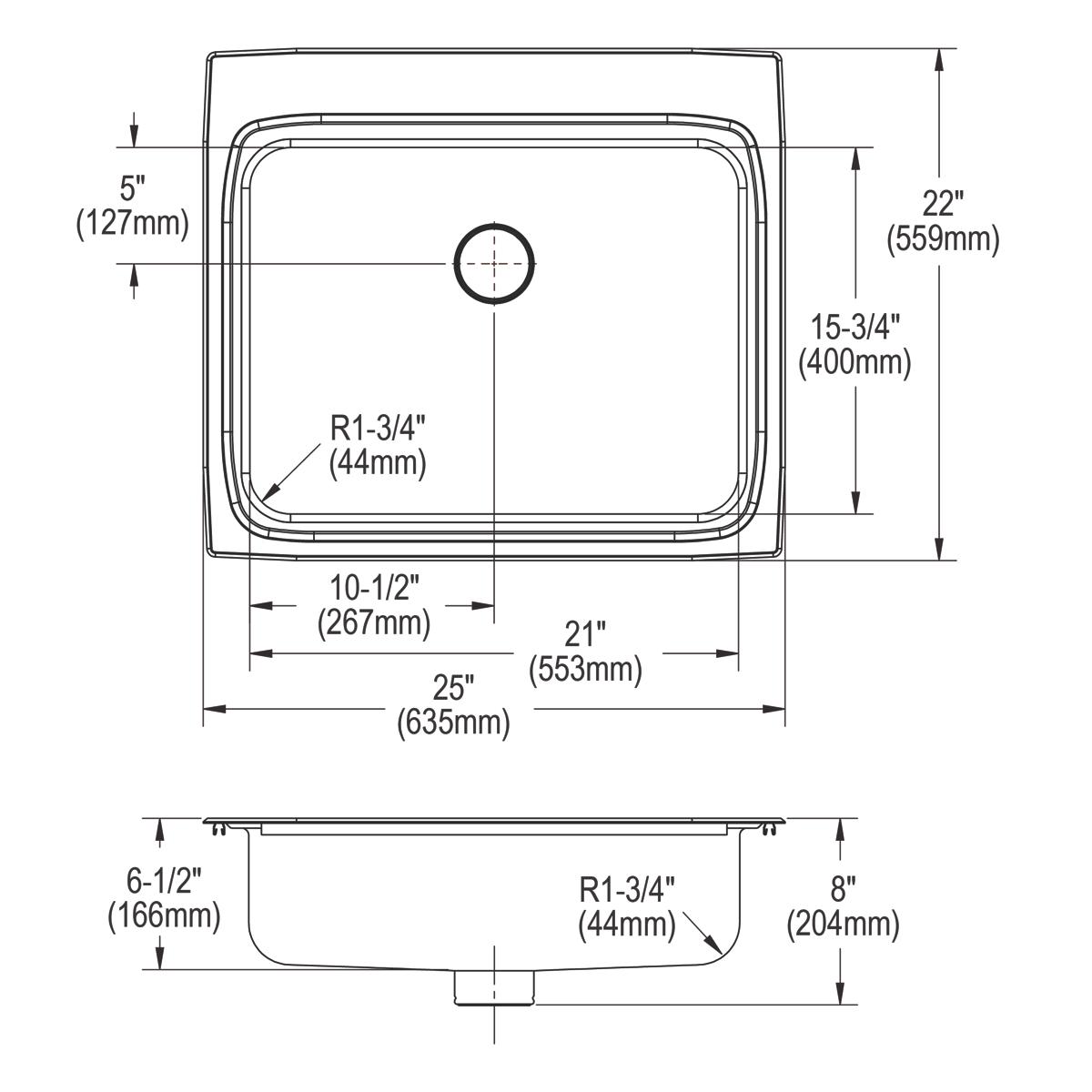 Elkay Lustertone Classic Stainless Steel 25" x 22" x 6-1/2", Single Bowl Drop-in ADA Sink with Perfect Drain LRADQ252265PD3