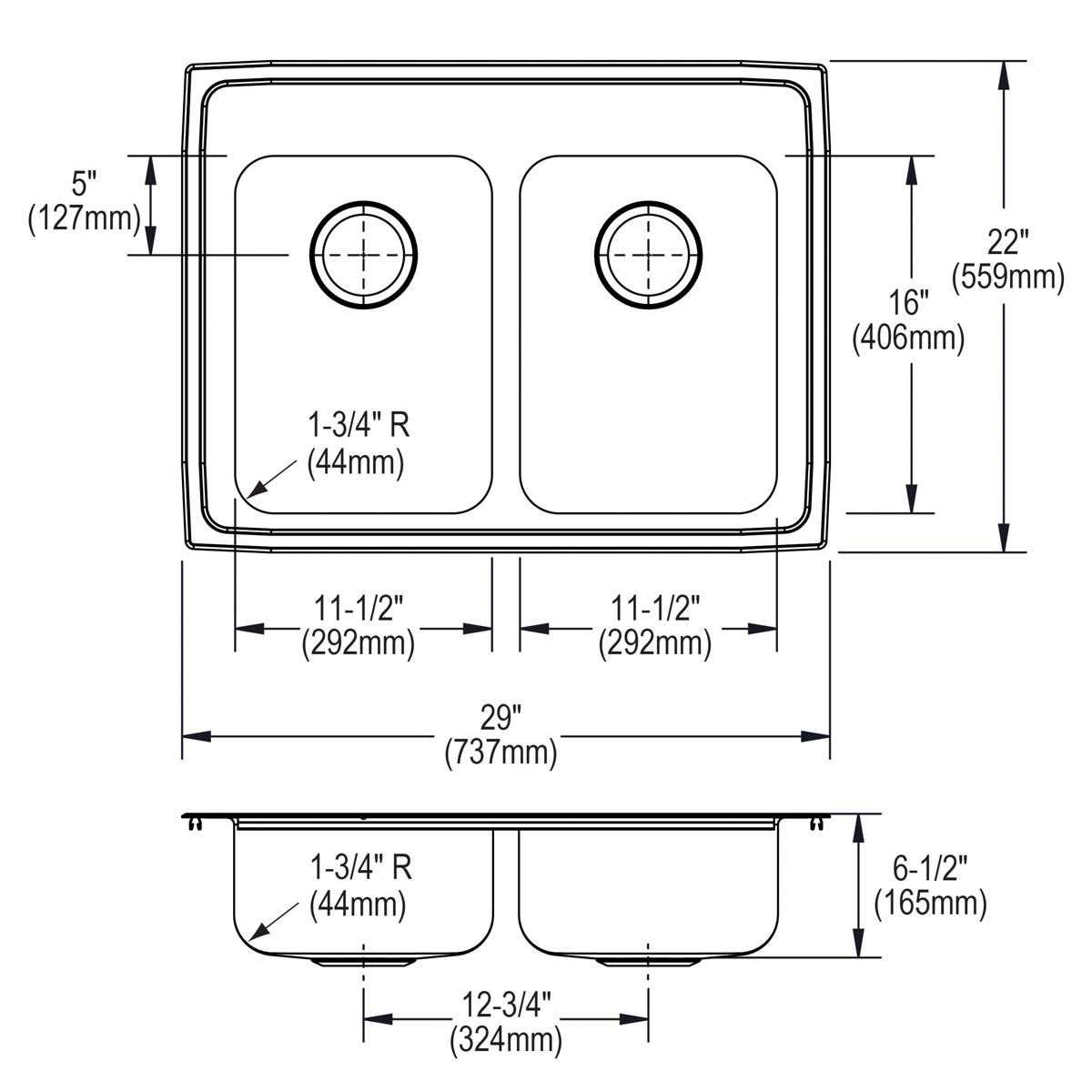 Elkay Lustertone Classic Stainless Steel 29" x 22" x 6-1/2", 1-Hole Equal Double Bowl Drop-in ADA Sink LRAD2922651