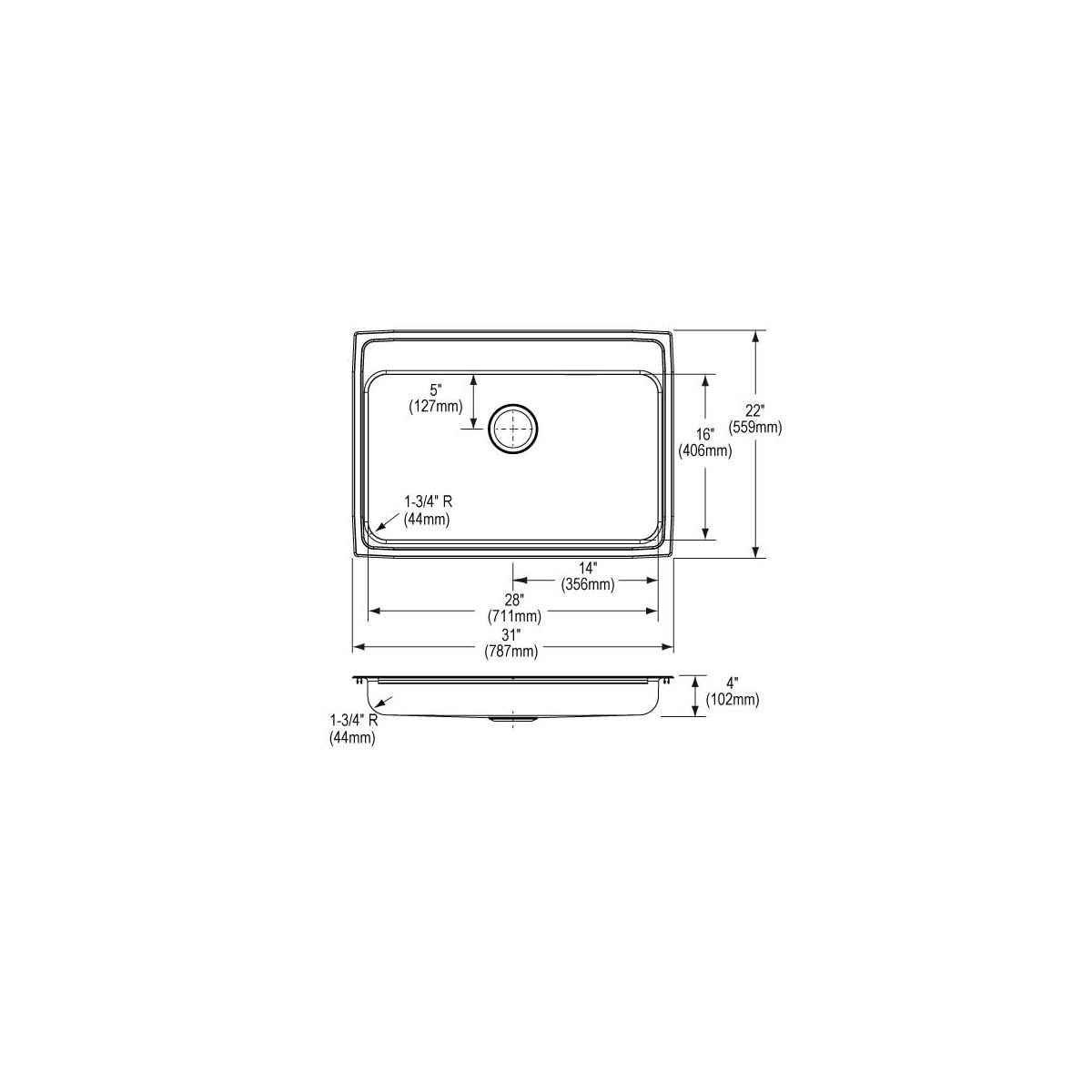 Elkay Lustertone Classic Stainless Steel 31" x 22" x 4", 3-Hole Single Bowl Drop-in ADA Sink LRAD3122403