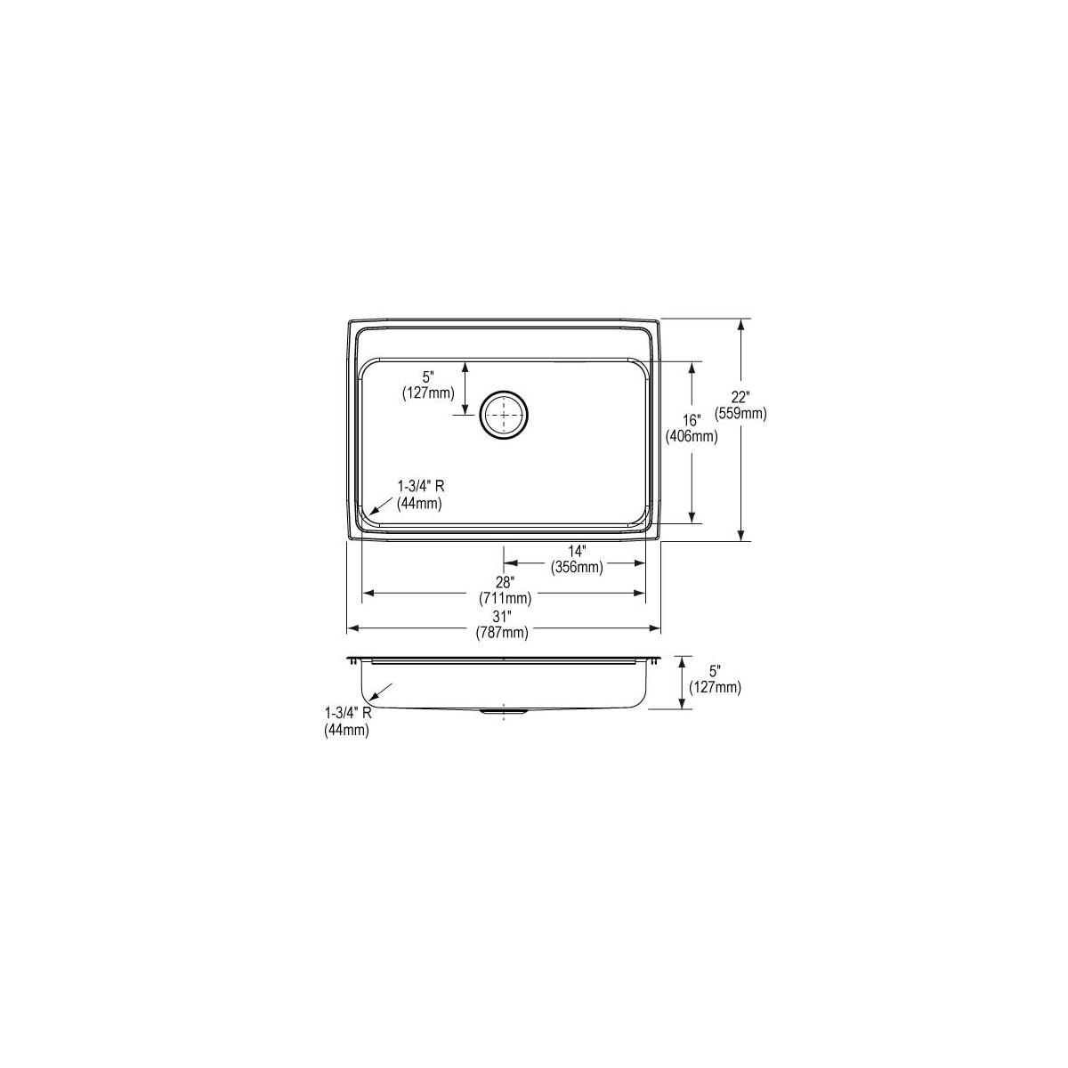 Elkay Lustertone Classic Stainless Steel 31" x 22" x 5", 3-Hole Single Bowl Drop-in ADA Sink LRAD3122503
