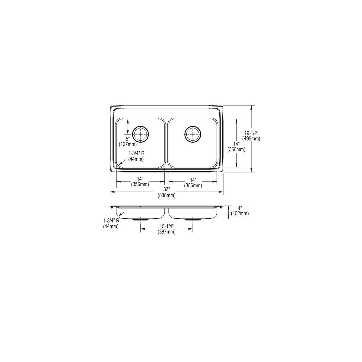 Elkay Lustertone Classic Stainless Steel 33" x 19-1/2" x 4", 3-Hole Equal Double Bowl Drop-in ADA Sink LRAD3319403