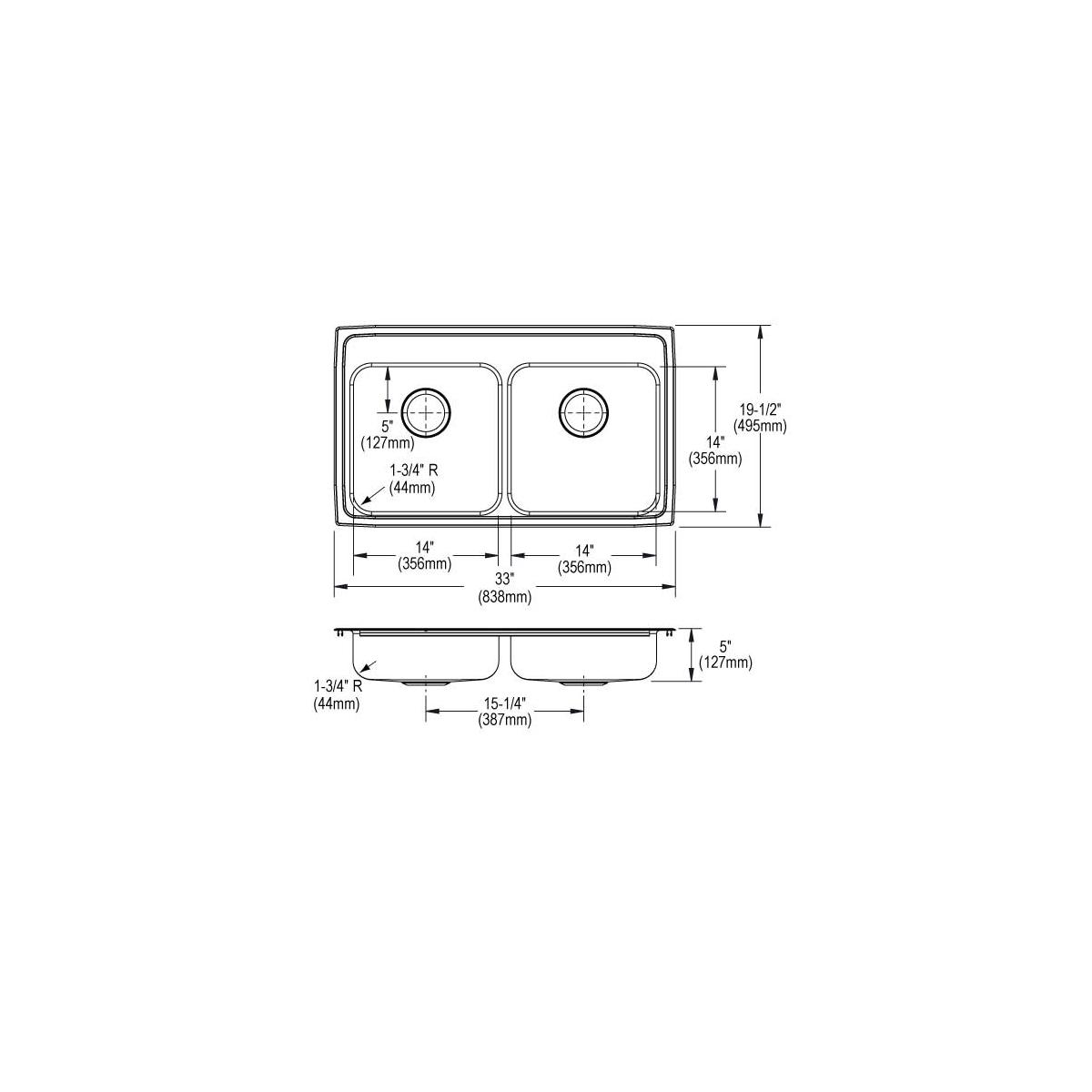 Elkay Lustertone Classic Stainless Steel 33" x 19-1/2" x 5", 2-Hole Equal Double Bowl Drop-in ADA Sink LRAD3319502