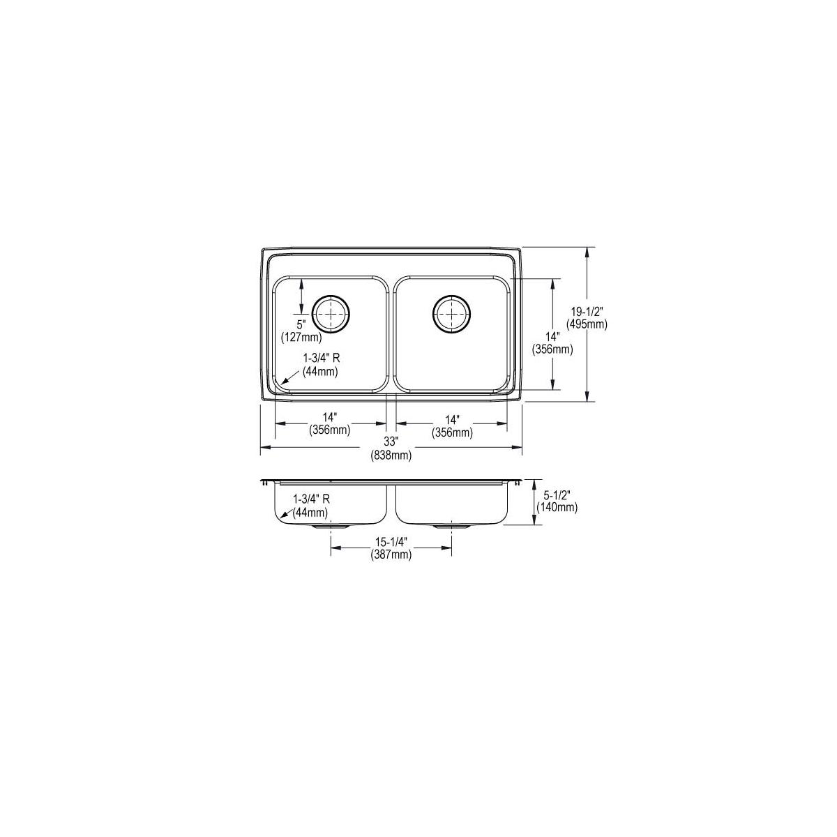 Elkay Lustertone Classic Stainless Steel 33" x 19-1/2" x 5-1/2", 4-Hole Equal Double Bowl Drop-in ADA Sink LRAD3319554
